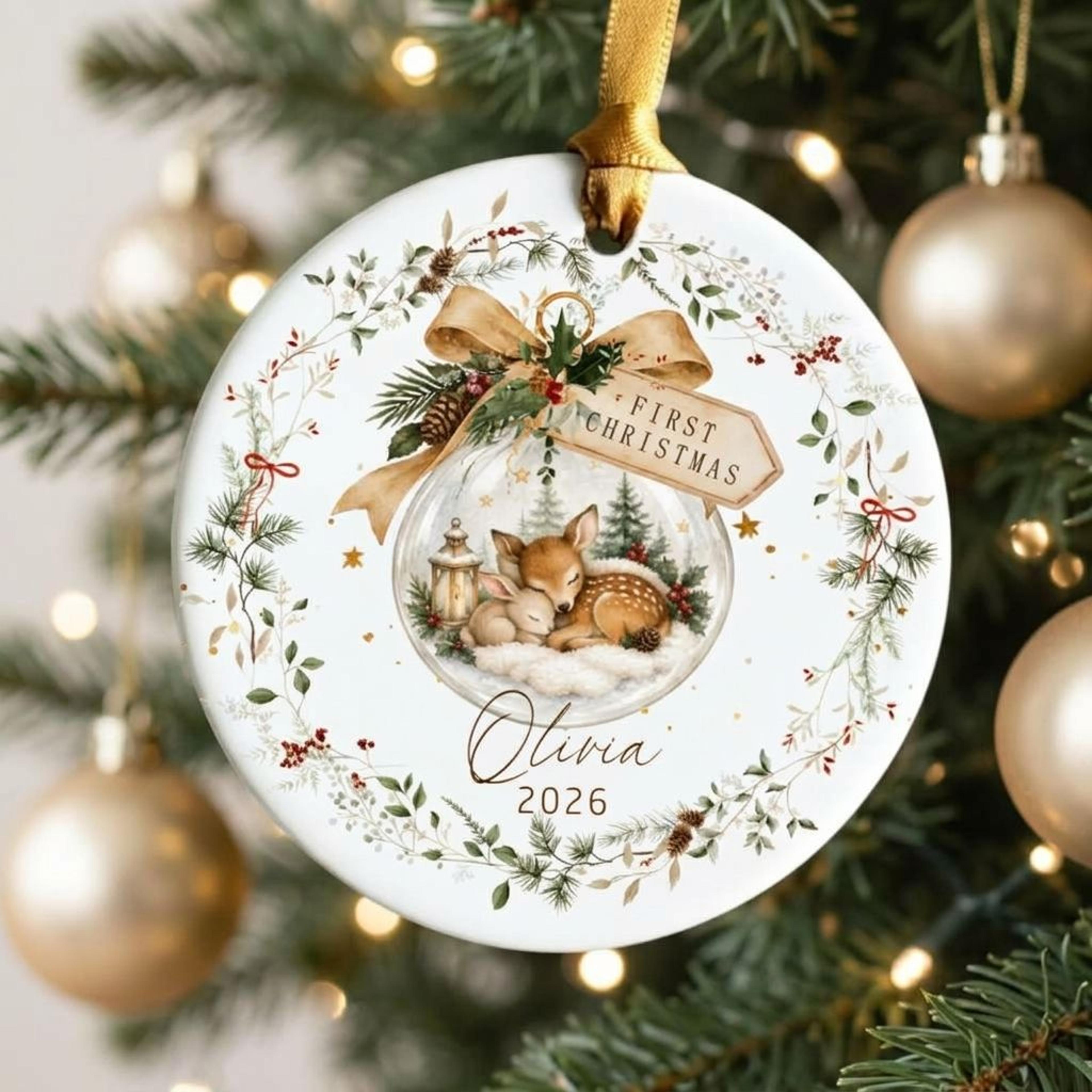 personalized baby first christmas ornament 2026, custom name sleeping deer and bunny snow globe, woodland animal