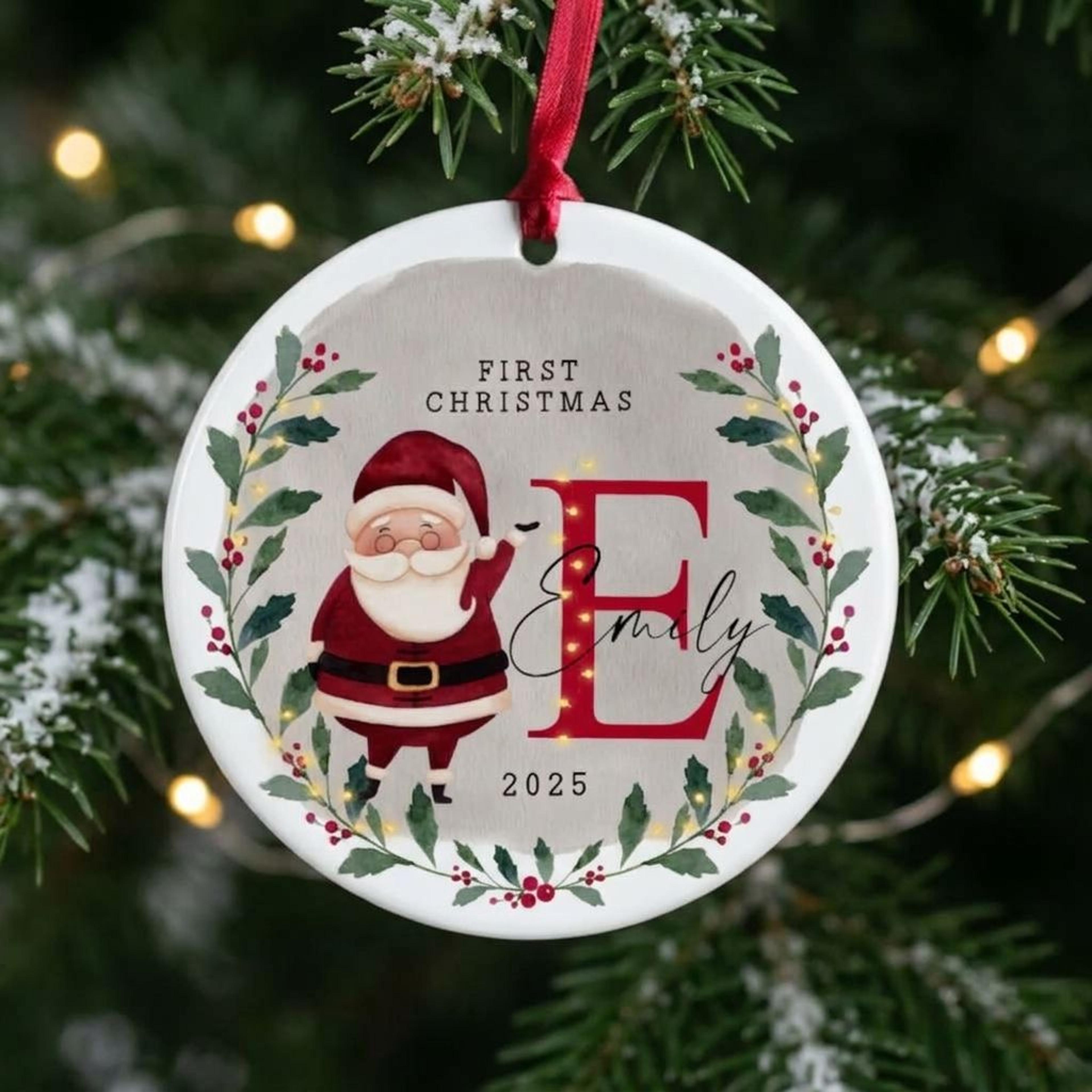 personalized baby first christmas ornament, custom name initial santa claus christmas keepsake, holly wreath baby gift