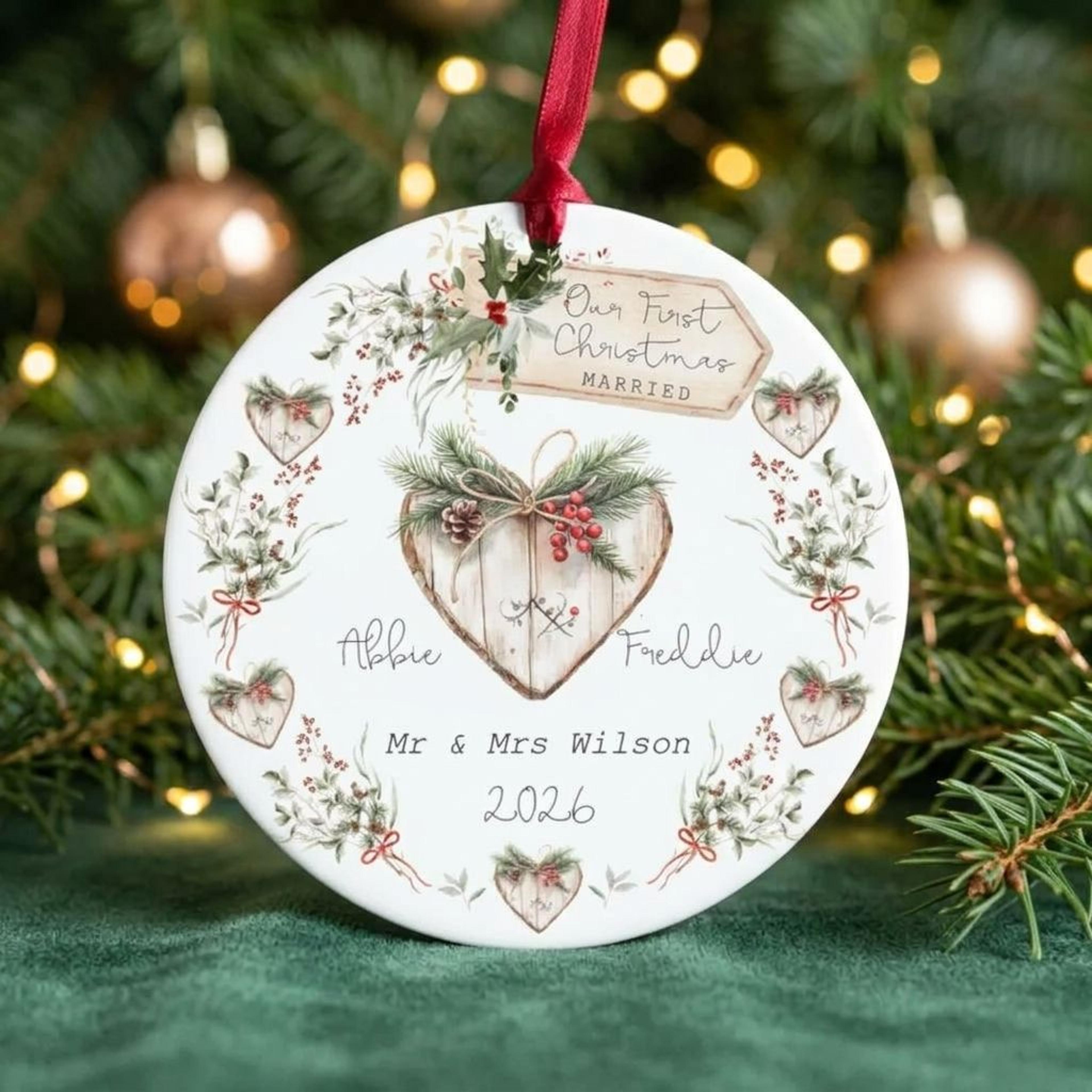 personalized first christmas married ornament 2026, custom couple names rustic wooden heart wedding keepsake, newlywed