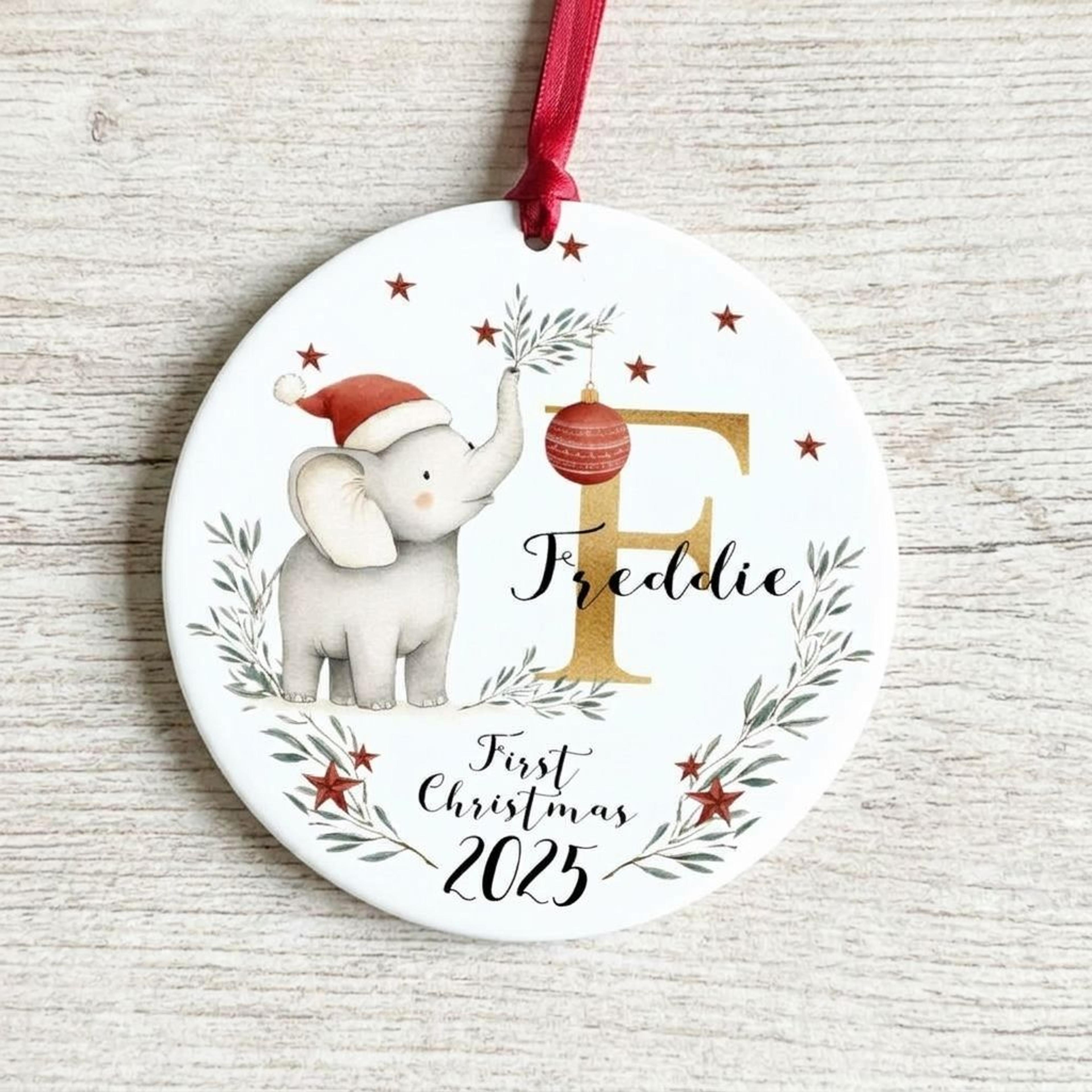 personalized baby first christmas elephant ornament, custom name initial christmas keepsake, cute santa hat baby gift