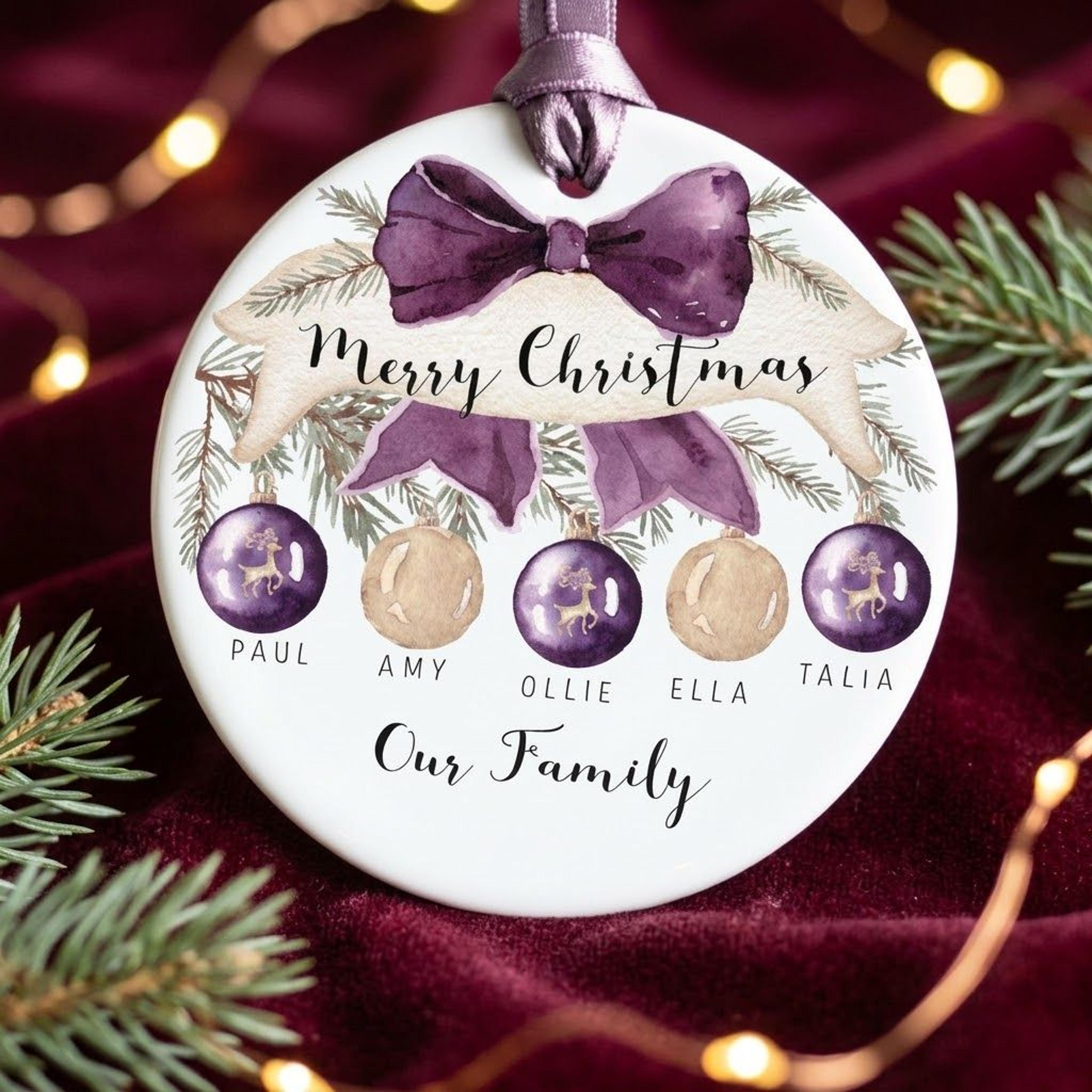 personalized family christmas ornament, custom name baubles with purple bow, merry christmas family keepsake, holiday