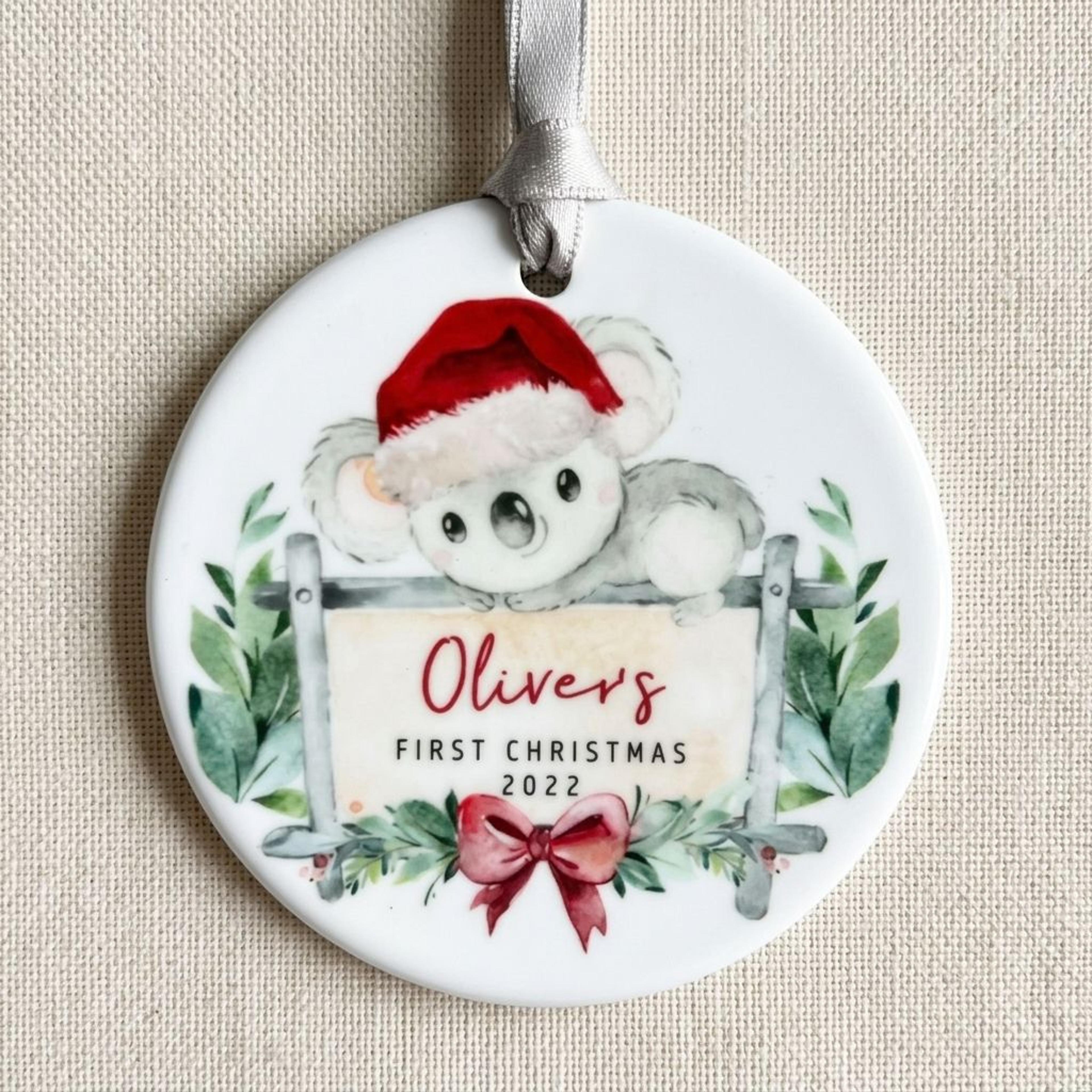 personalized baby koala first christmas ornament, custom baby name christmas keepsake, cute koala bear newborn holiday