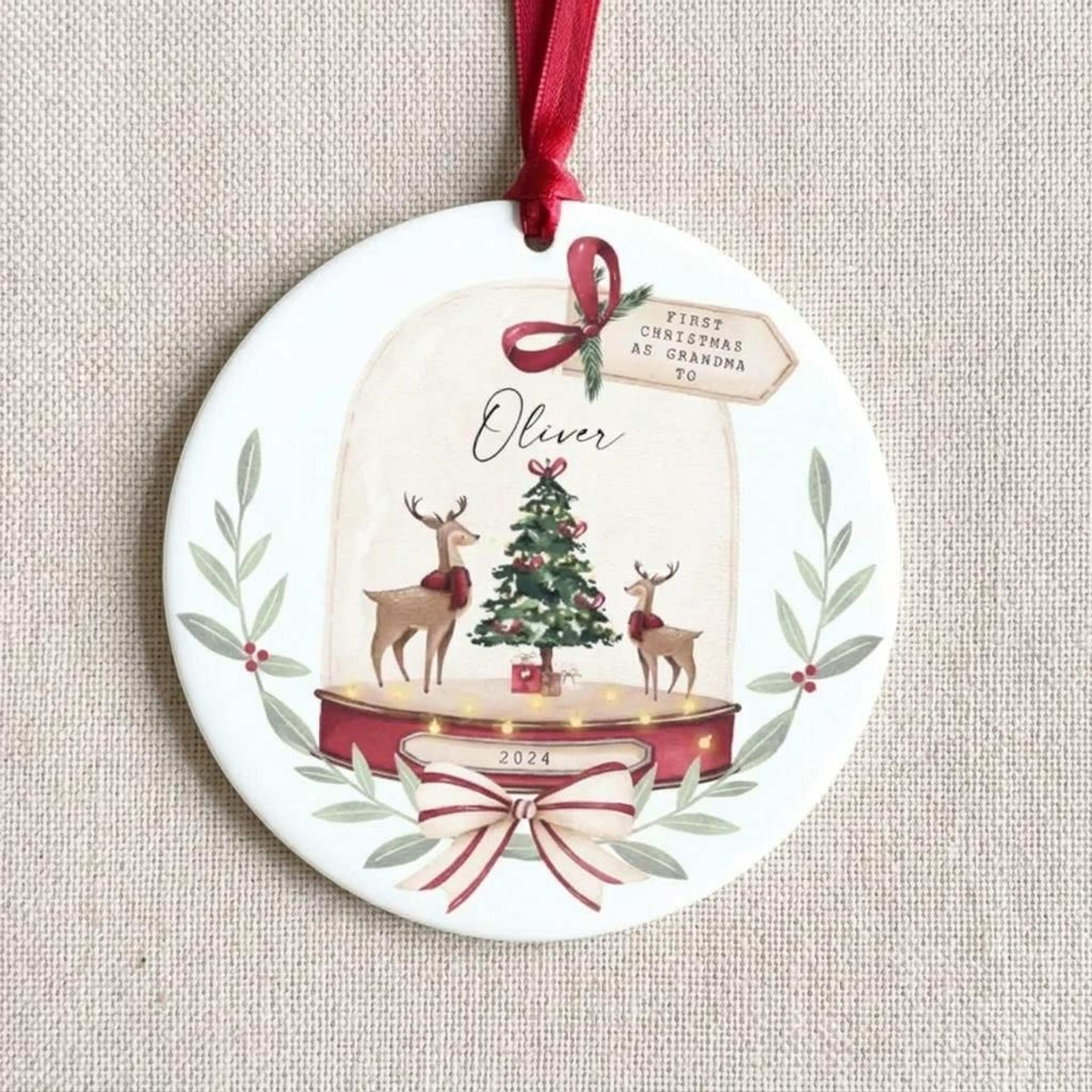 personalized first christmas as grandma ornament, custom grandchild name reindeer snow globe keepsake, new grandma gift