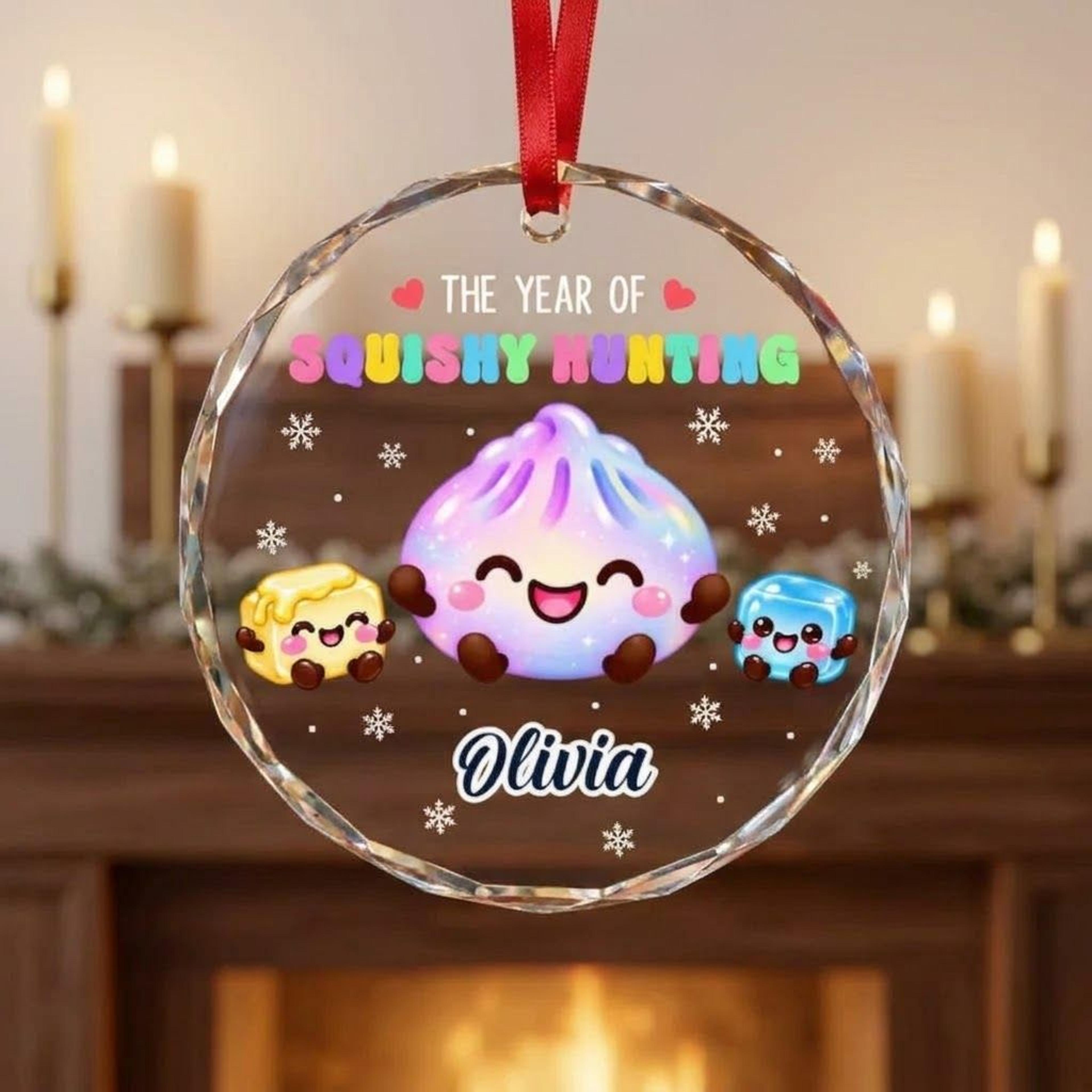 personalized squishy hunting christmas ornament, cute kawaii squishy characters, custom name holiday decoration, trendy