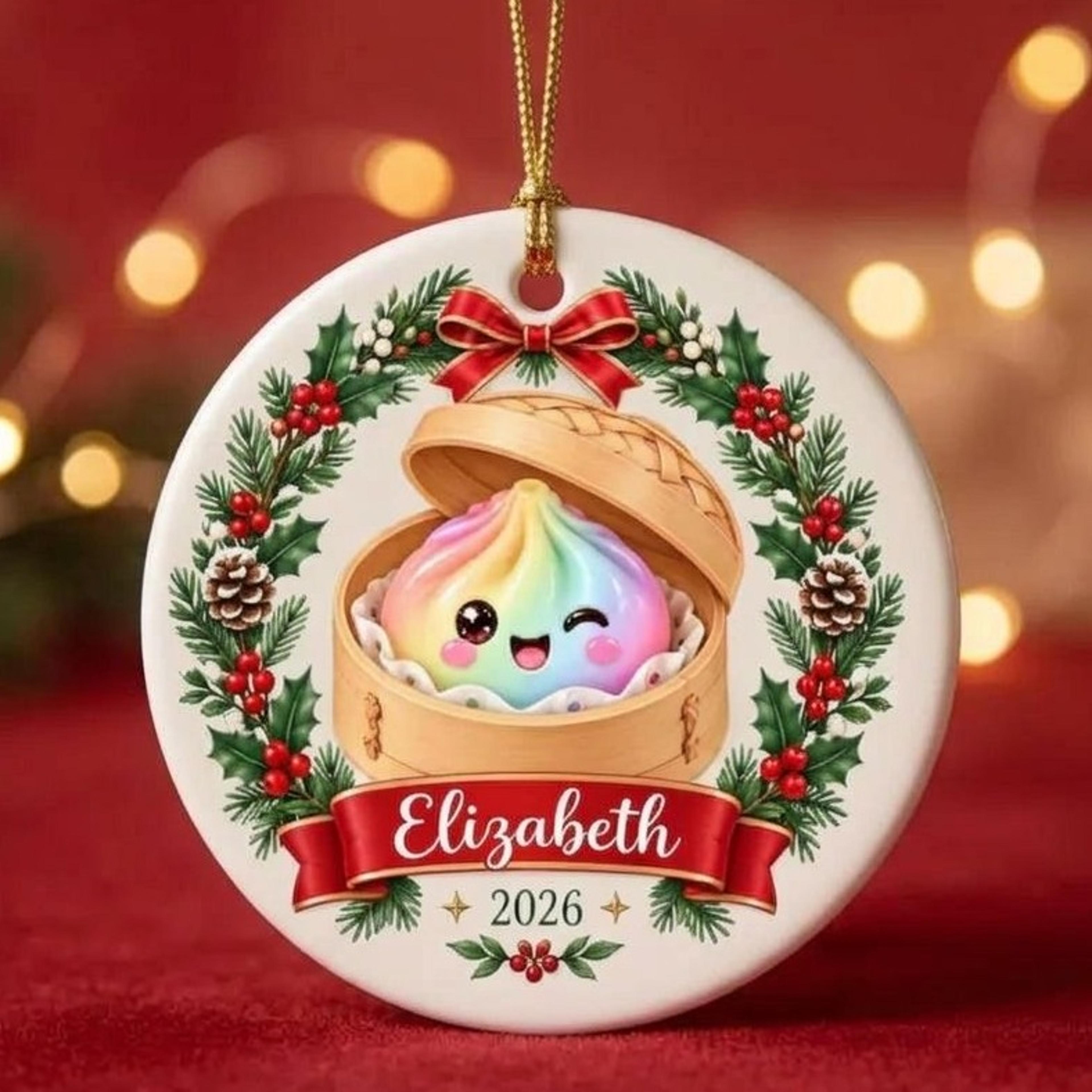 personalized kawaii squishy christmas ornament 2026, cute rainbow dumpling holiday decoration, custom name squishy lover