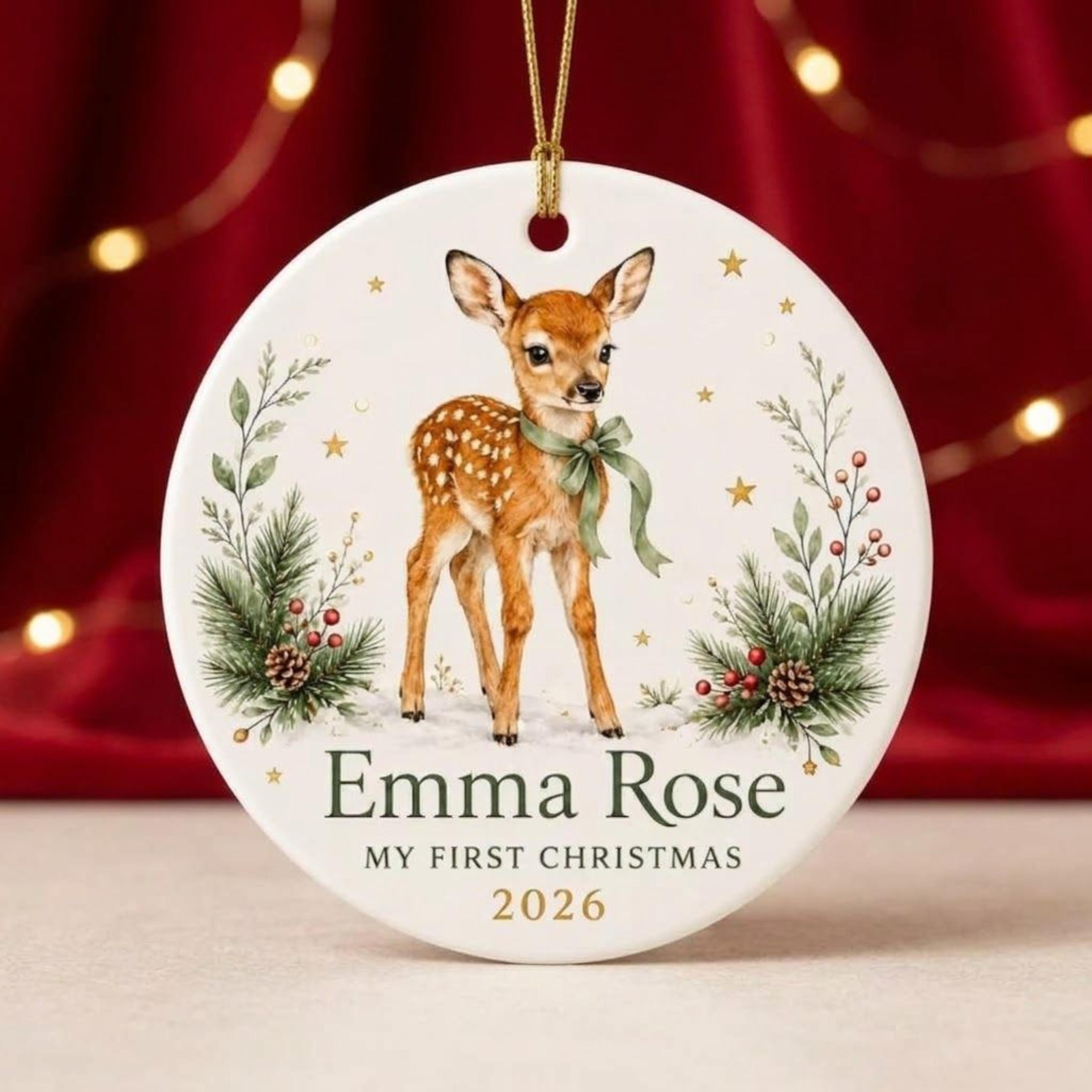 personalized baby first christmas ornament 2026, woodland baby deer christmas decoration, custom name fawn keepsake, new