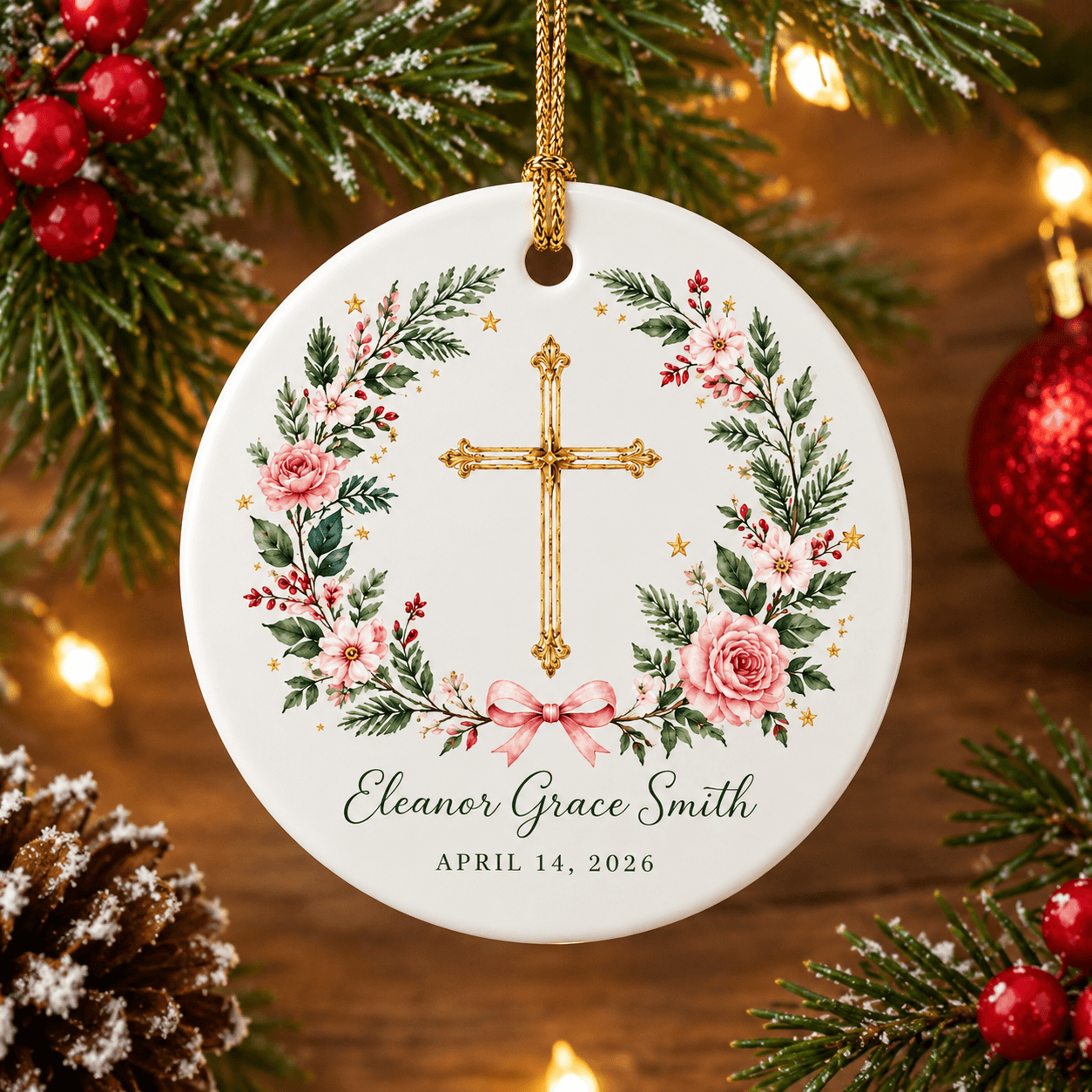 personalized baptism christmas ornament, custom name and date gold cross keepsake, floral christian christening gift