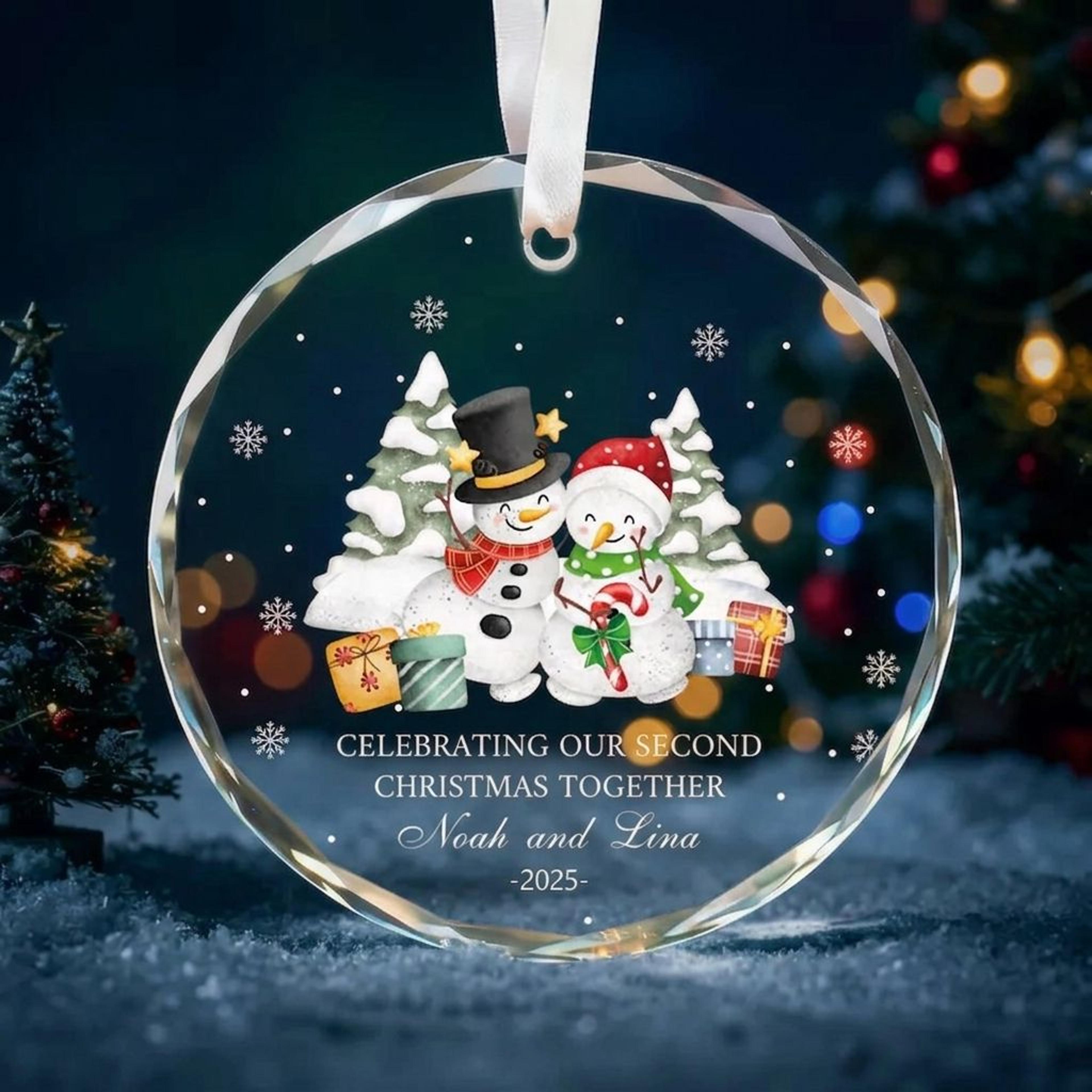 personalized second christmas together ornament, custom couple names snowman crystal christmas ornament, romantic