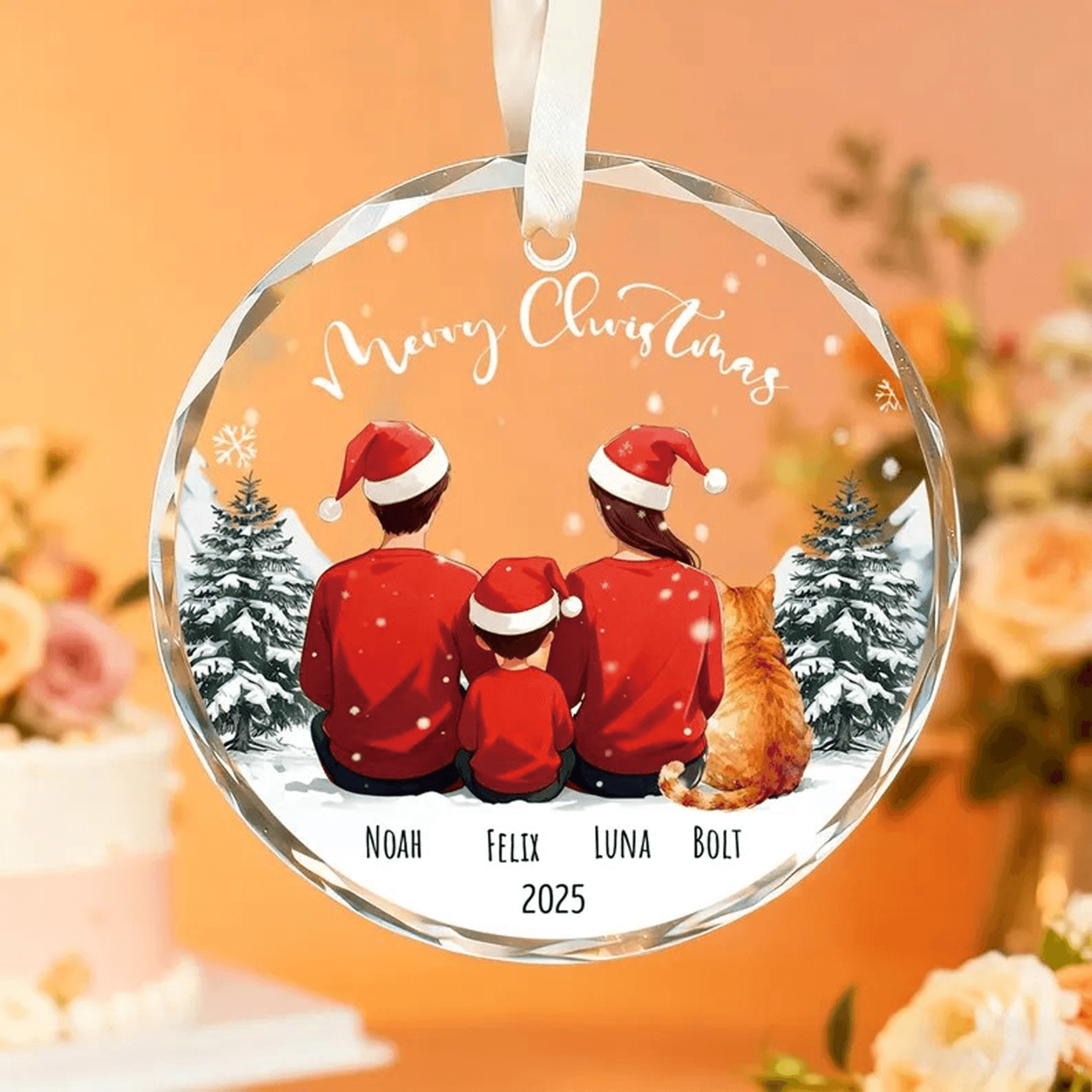personalized family christmas ornament, custom family names and pet crystal ornament, christmas tree decoration, family