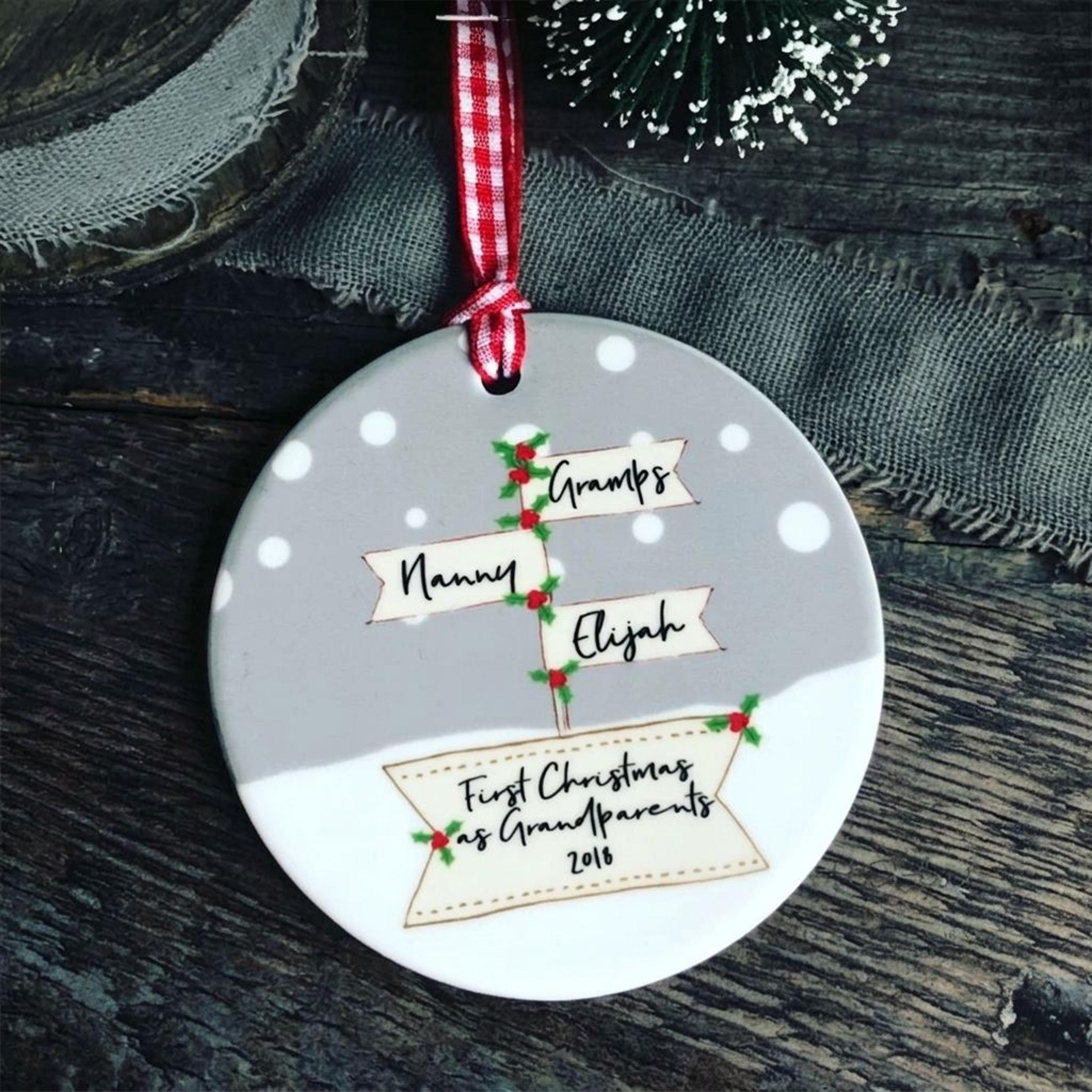 personalized first christmas as grandparents ornament, custom grandma grandpa names gift, new grandparents christmas