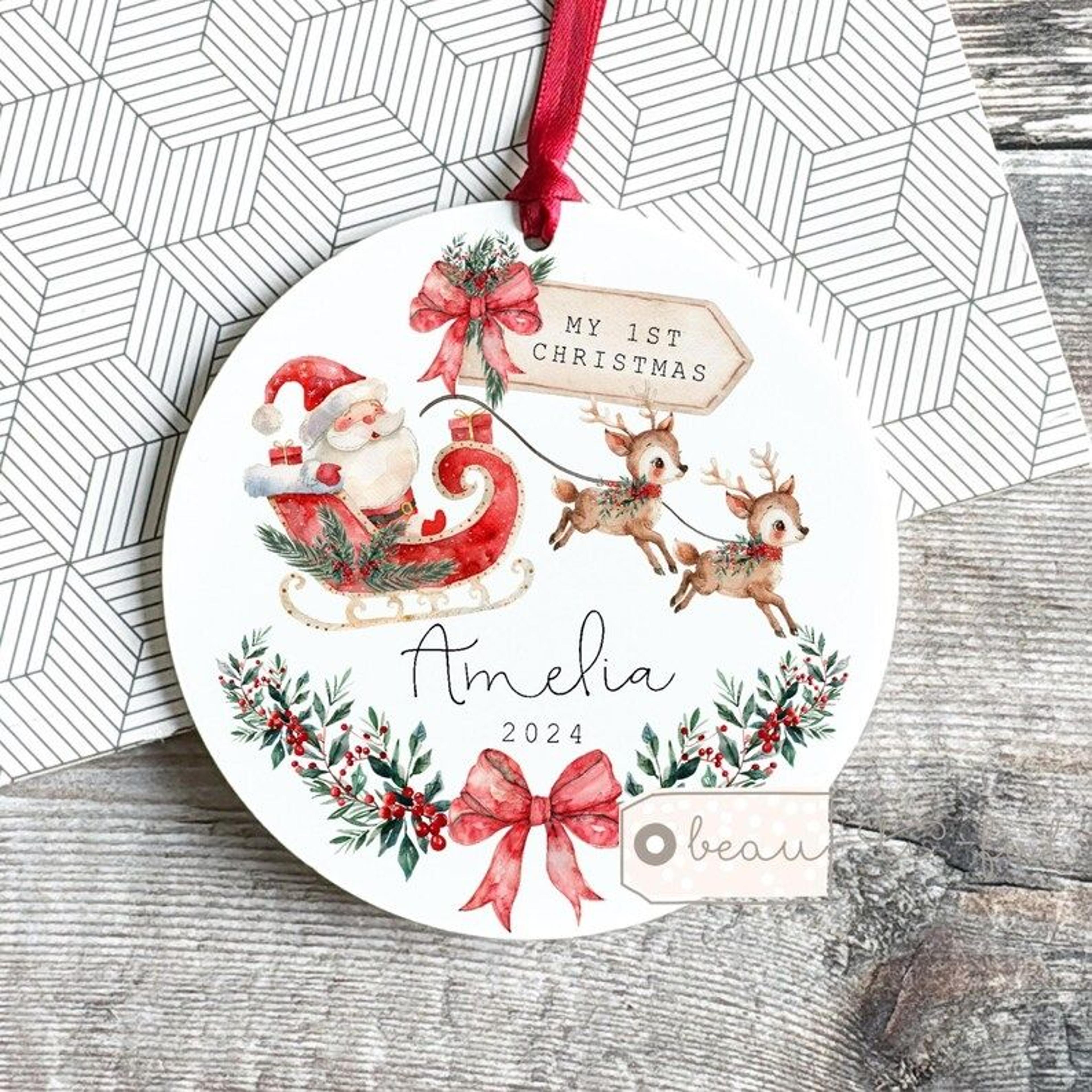 personalized first christmas baby ornament, custom name santa sleigh reindeer christmas decoration, baby's 1st xmas keep