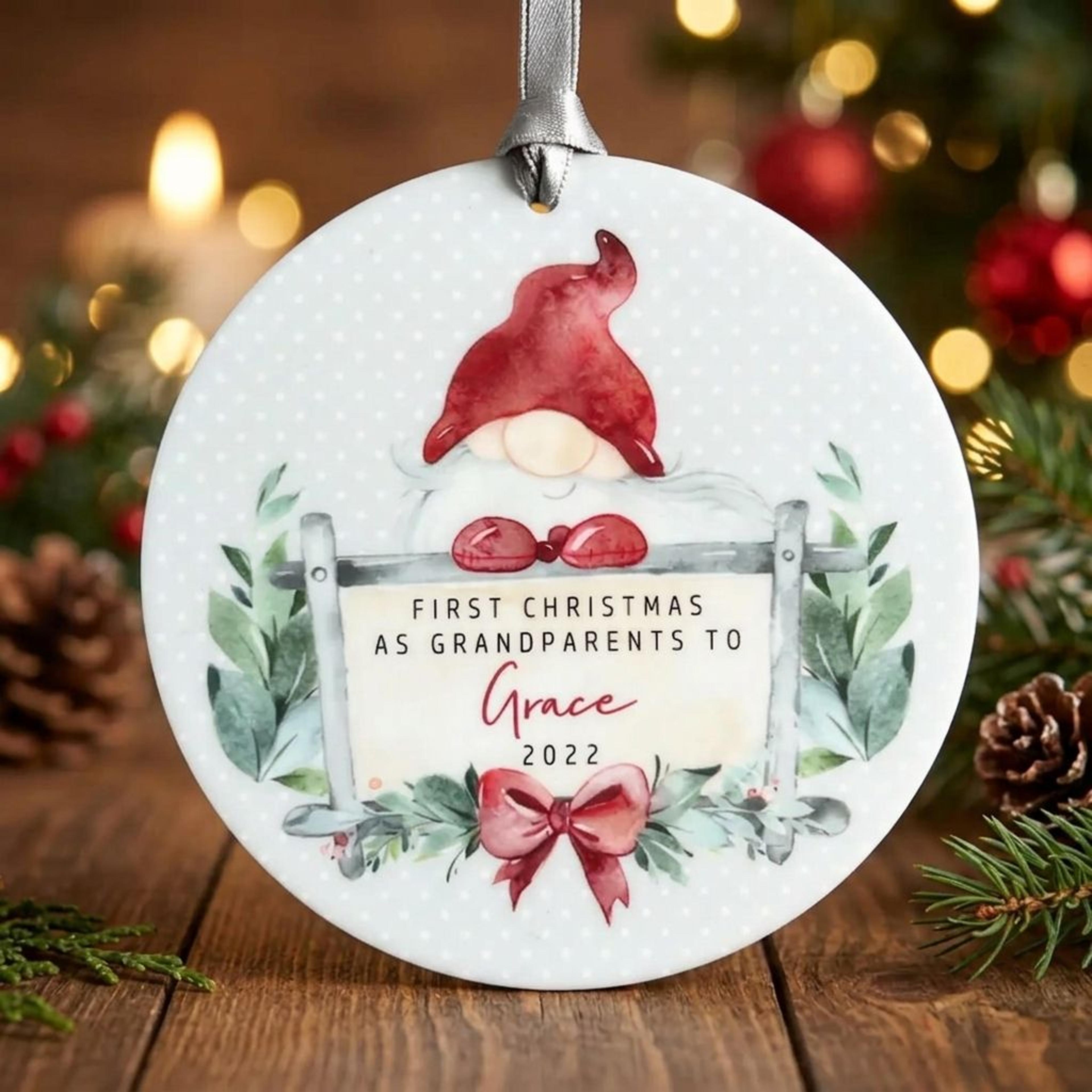 personalized first christmas as grandparents ornament, custom grandchild name gnome christmas keepsake, new grandma