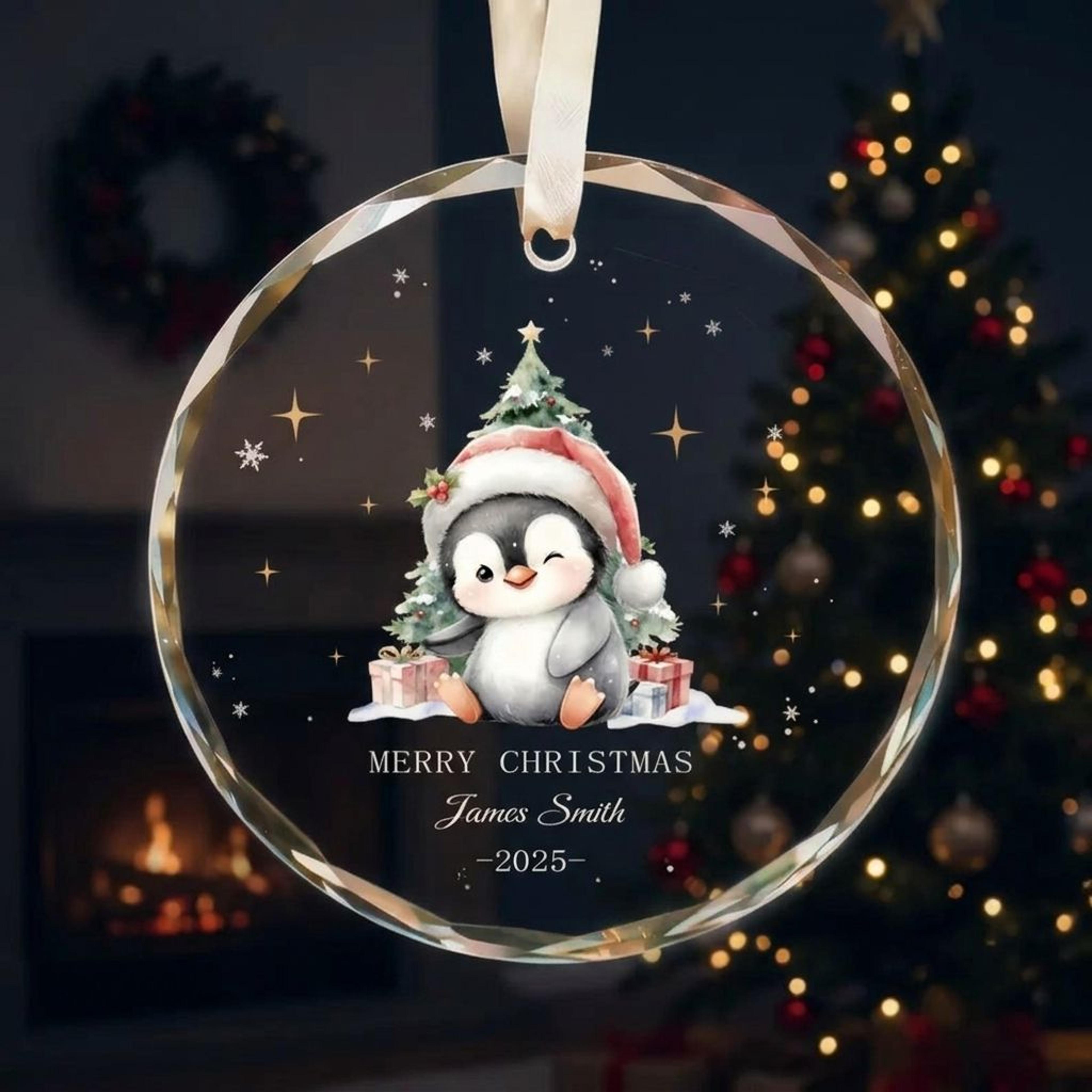 personalized penguin christmas ornament, custom name and year, cute penguin holiday keepsake, merry christmas tree decor