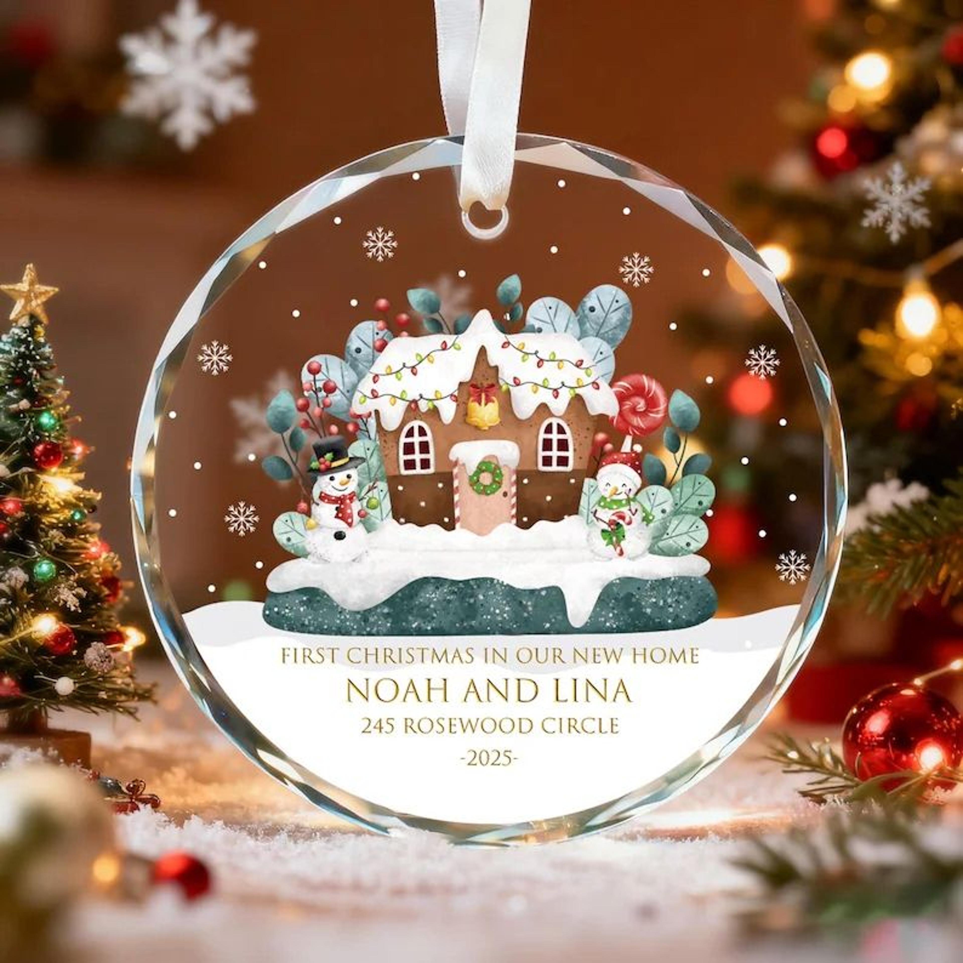 personalized first christmas in new home ornament, custom names and address, gingerbread house christmas keepsake, new