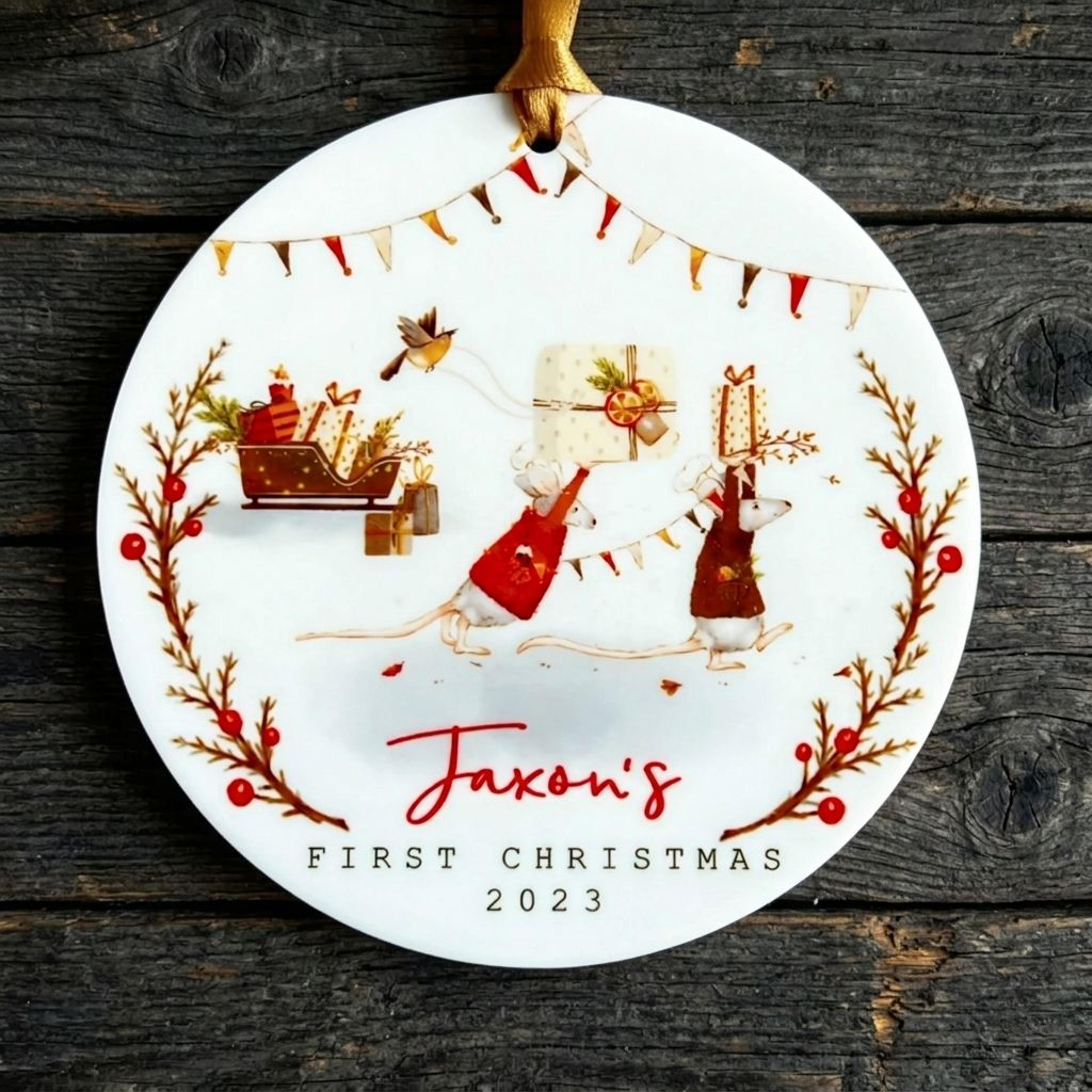 personalized first christmas ornament, custom baby name and year, cute christmas mice design, baby's first holiday