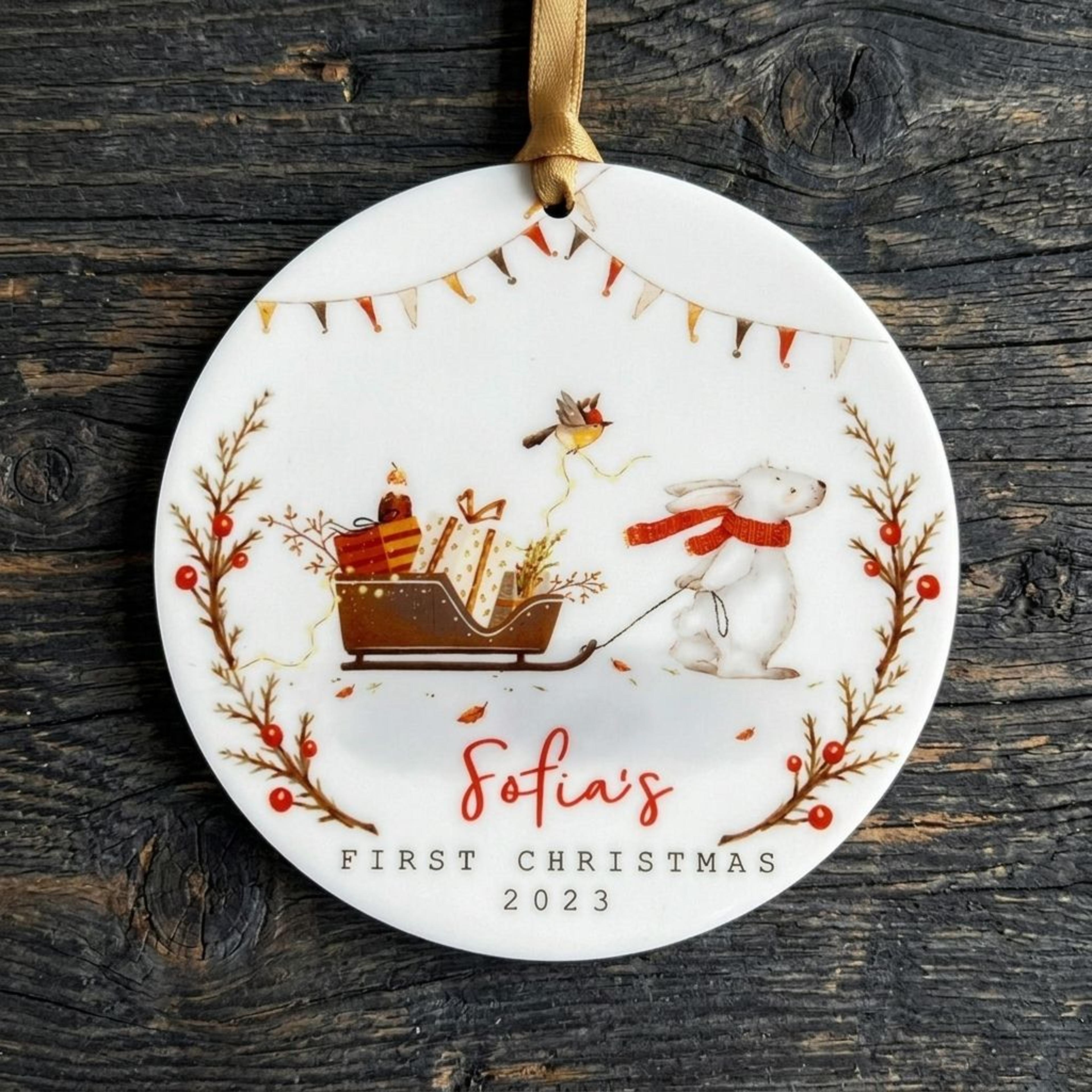 personalized baby first christmas ornament, custom name and year, cute polar bear with gift sleigh, newborn holiday