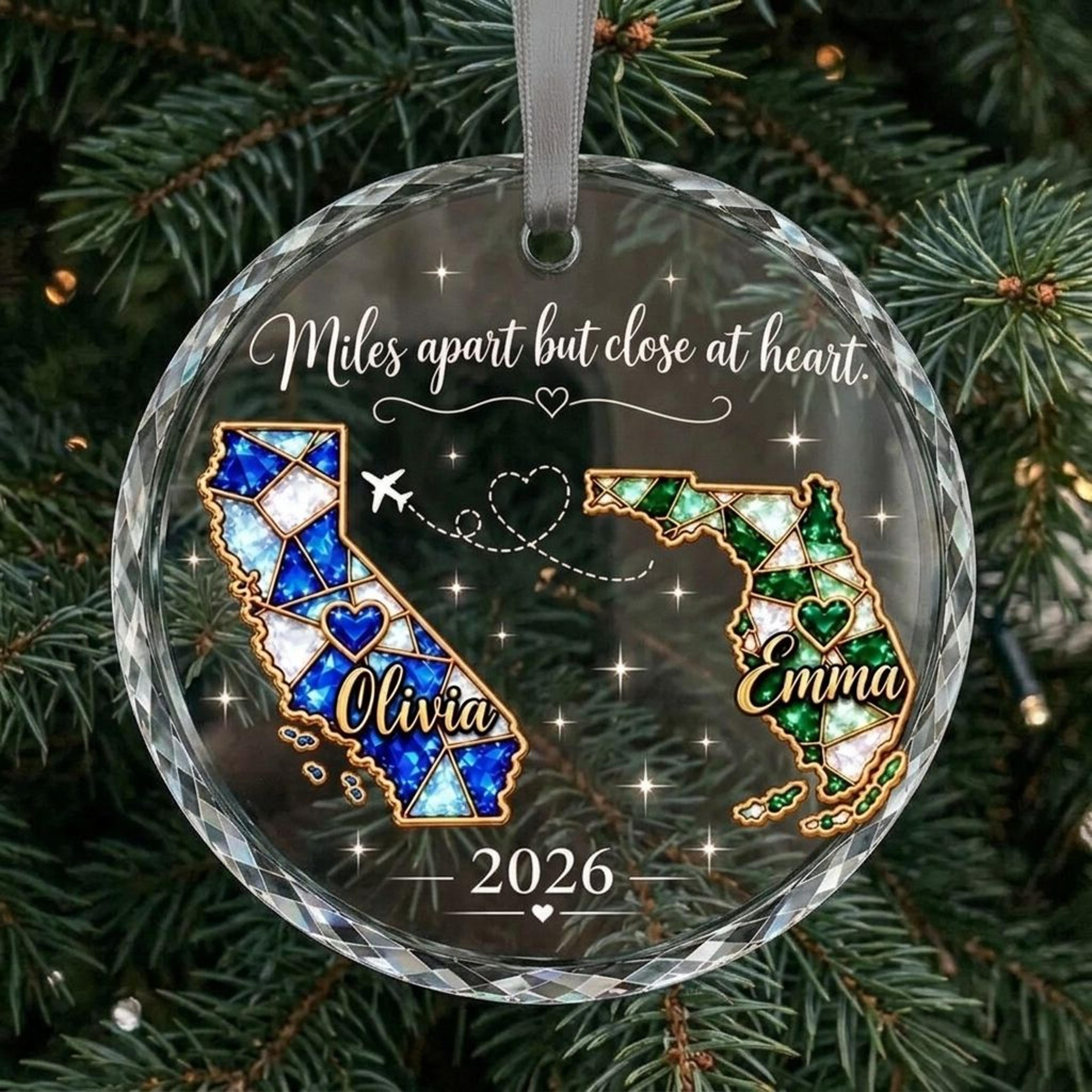 personalized long distance friendship ornament, custom state names, miles apart close at heart, best friend christmas