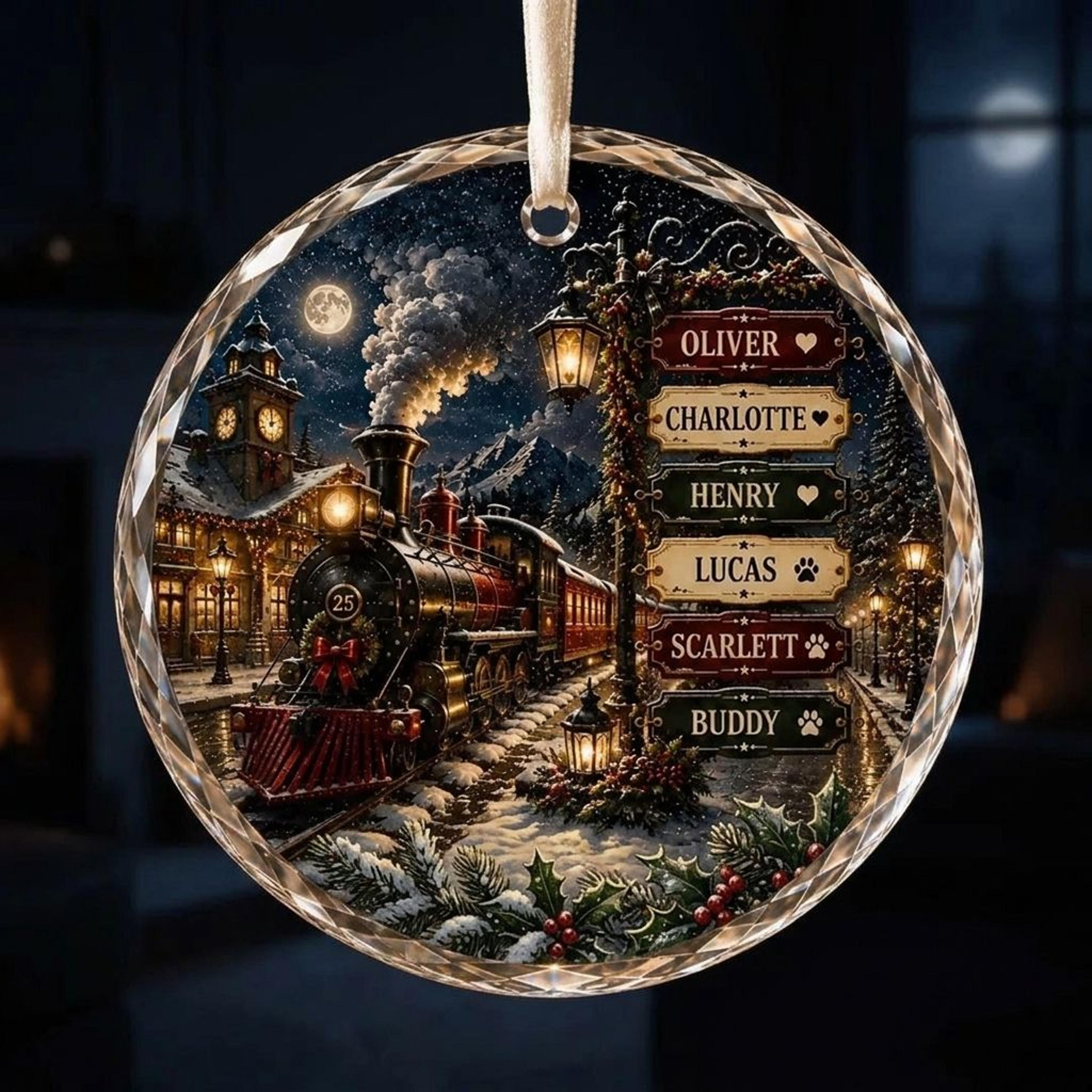 personalized christmas train ornament, custom family and pet names, vintage steam train holiday keepsake, family