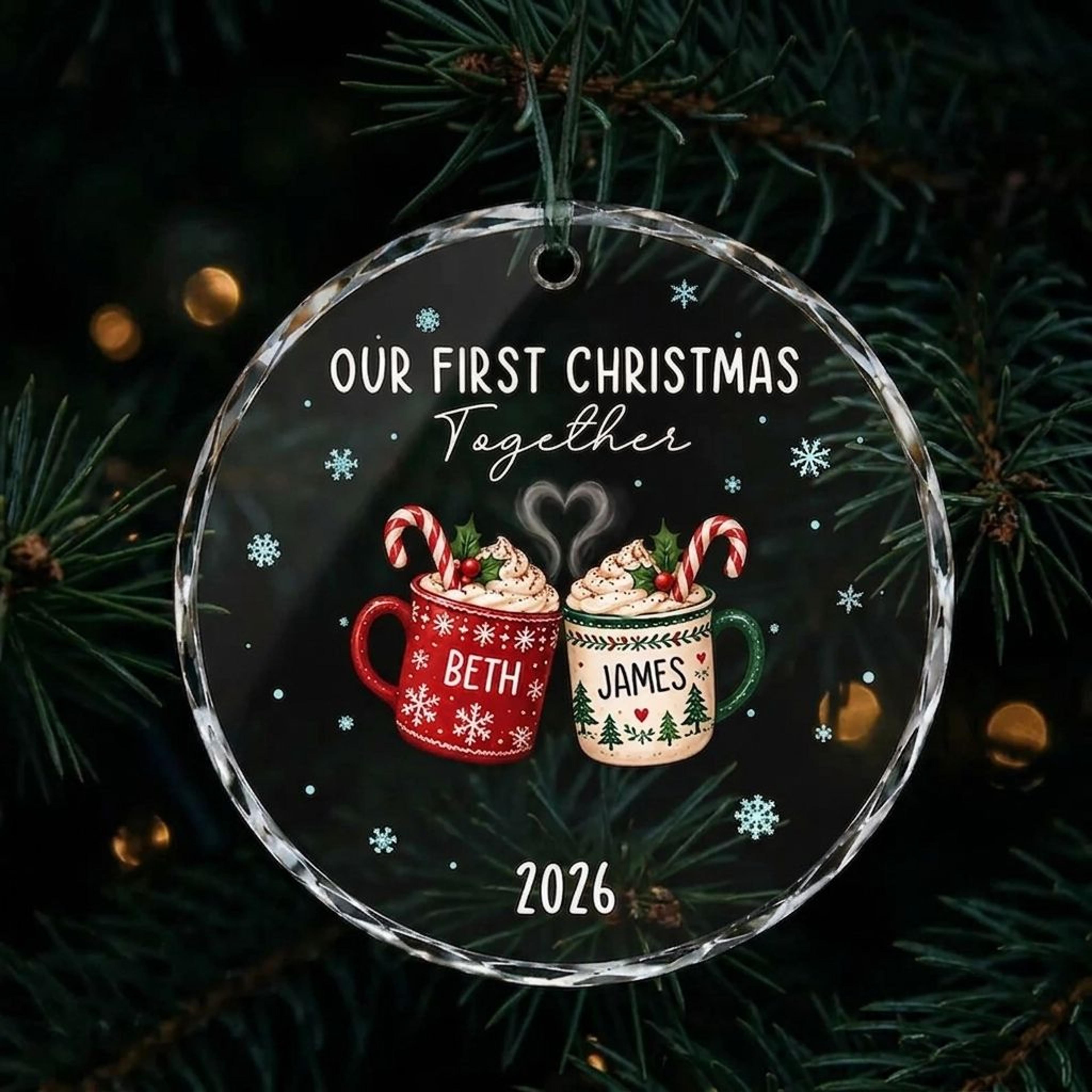 personalized first christmas together ornament, custom couple names and year, hot cocoa mugs christmas keepsake