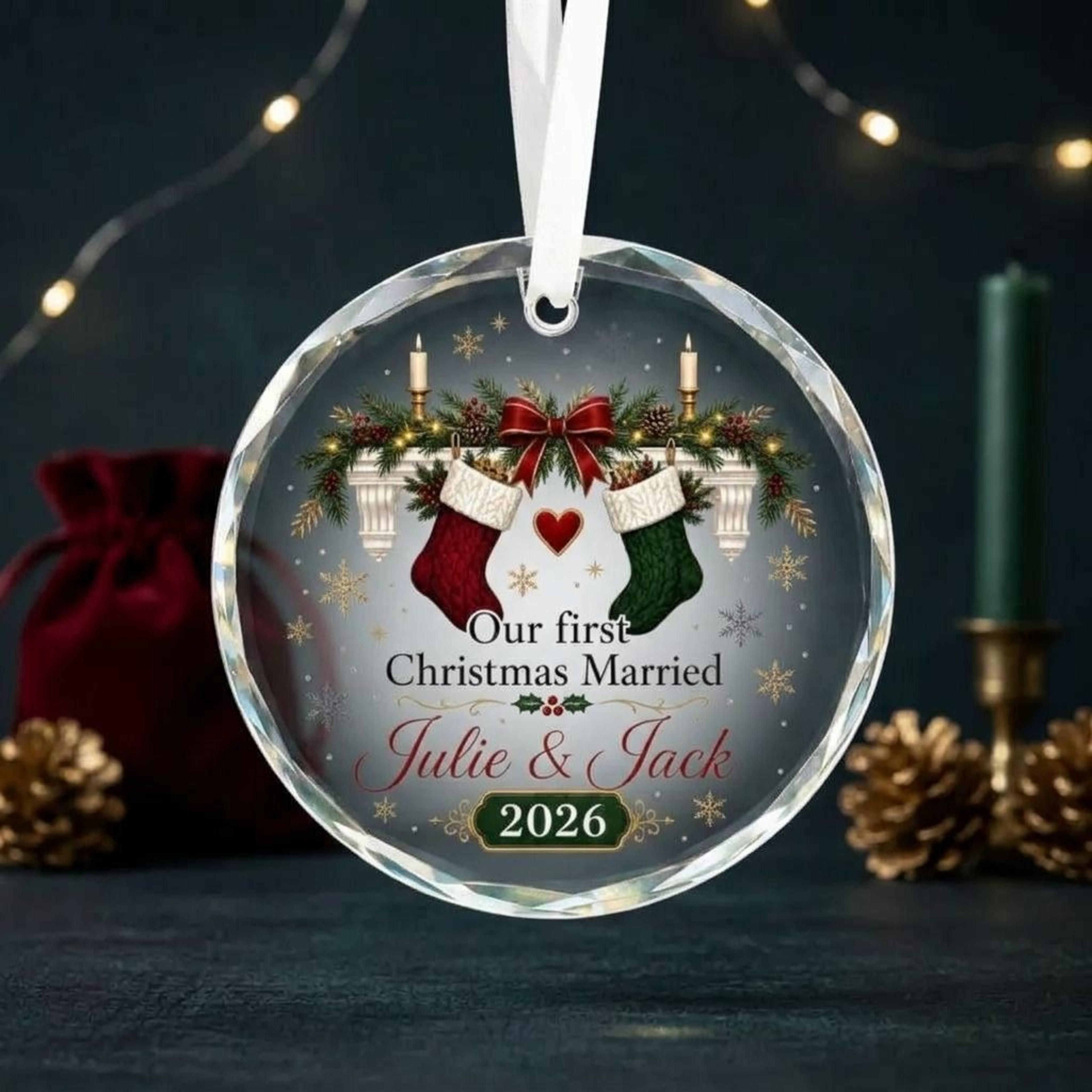 personalized first christmas married ornament 2026, custom couple names christmas gift, newlywed wedding keepsake