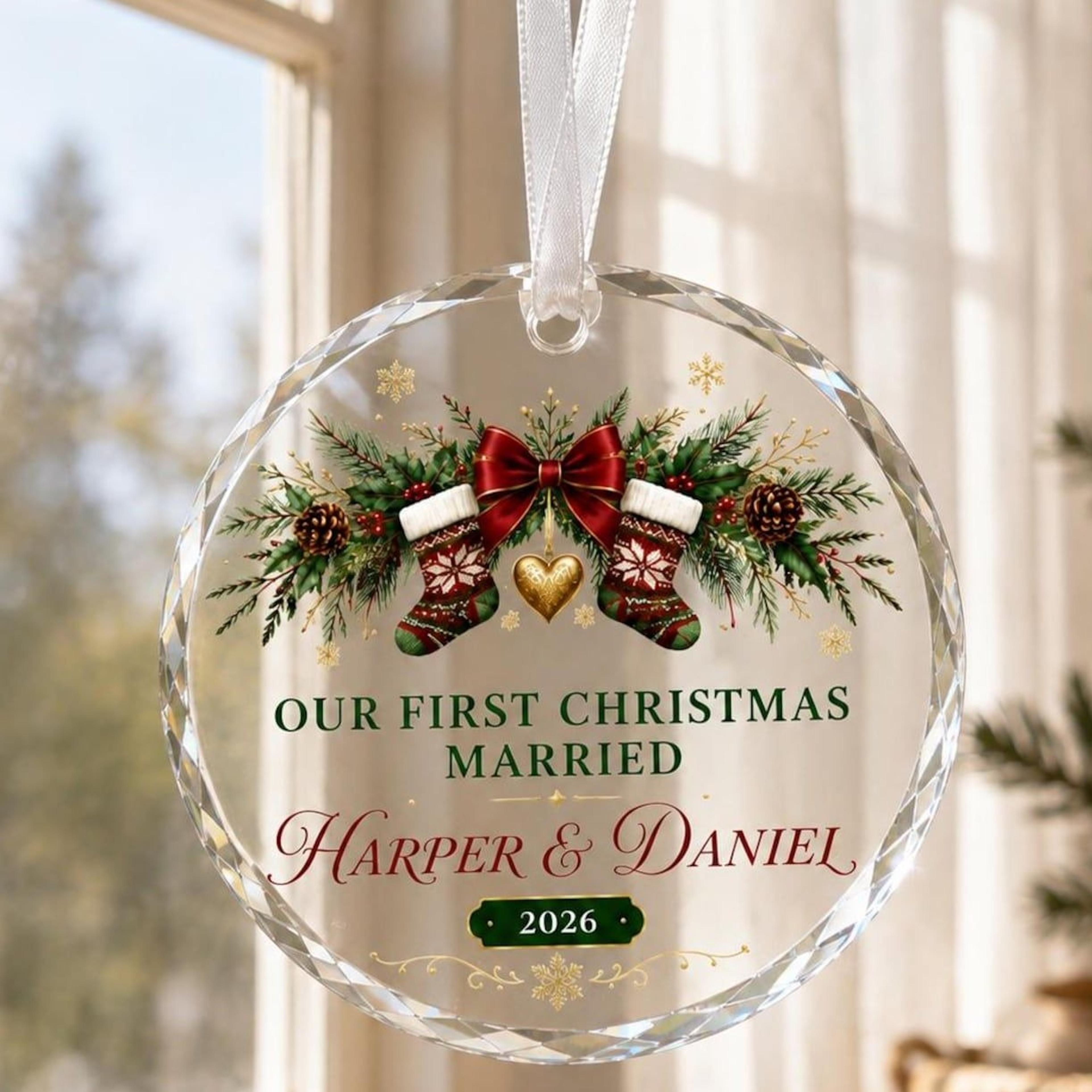 personalized first christmas married ornament 2026, custom couple names christmas decoration, newlywed wedding gift