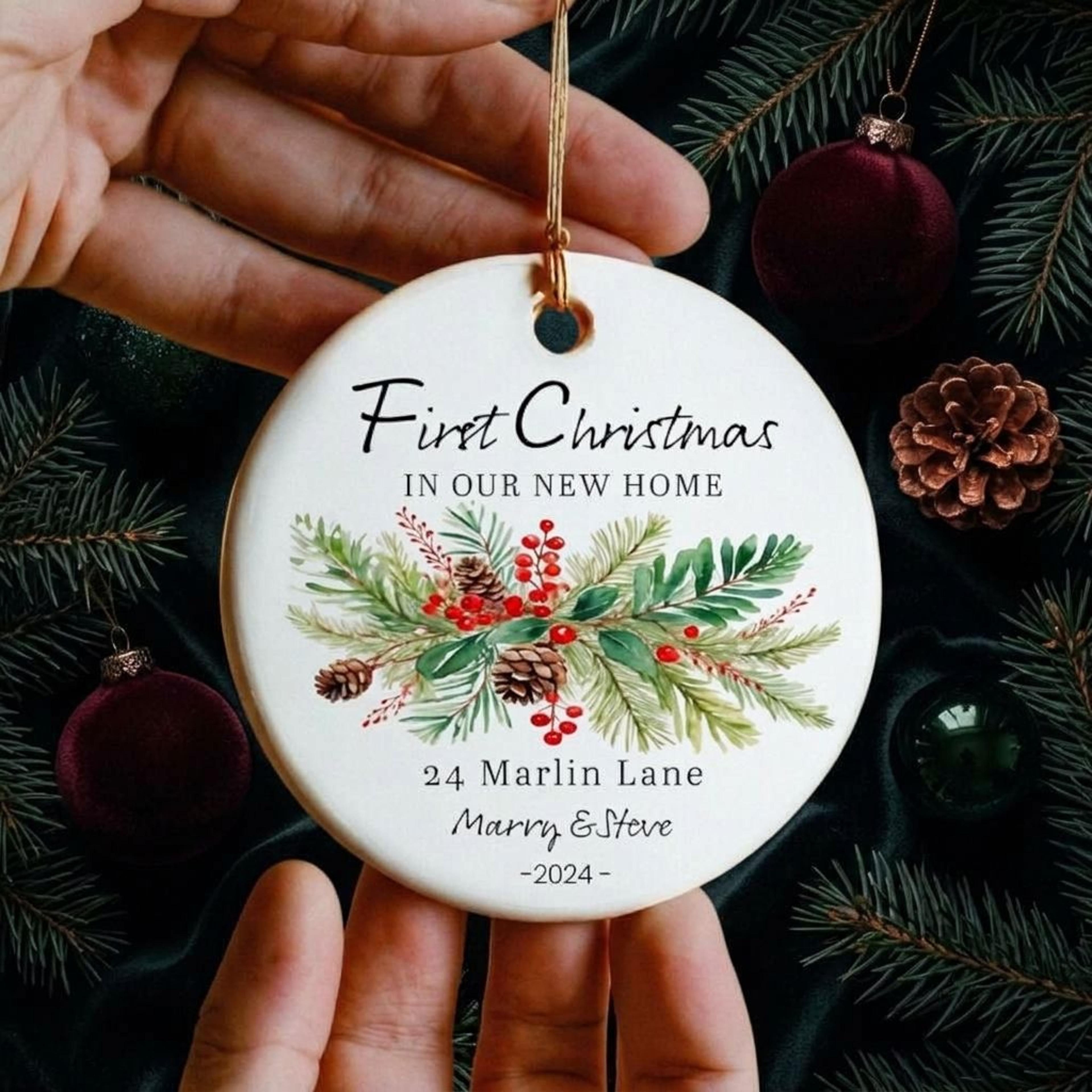 personalized first christmas new home ornament, custom address and names christmas keepsake, housewarming gift for
