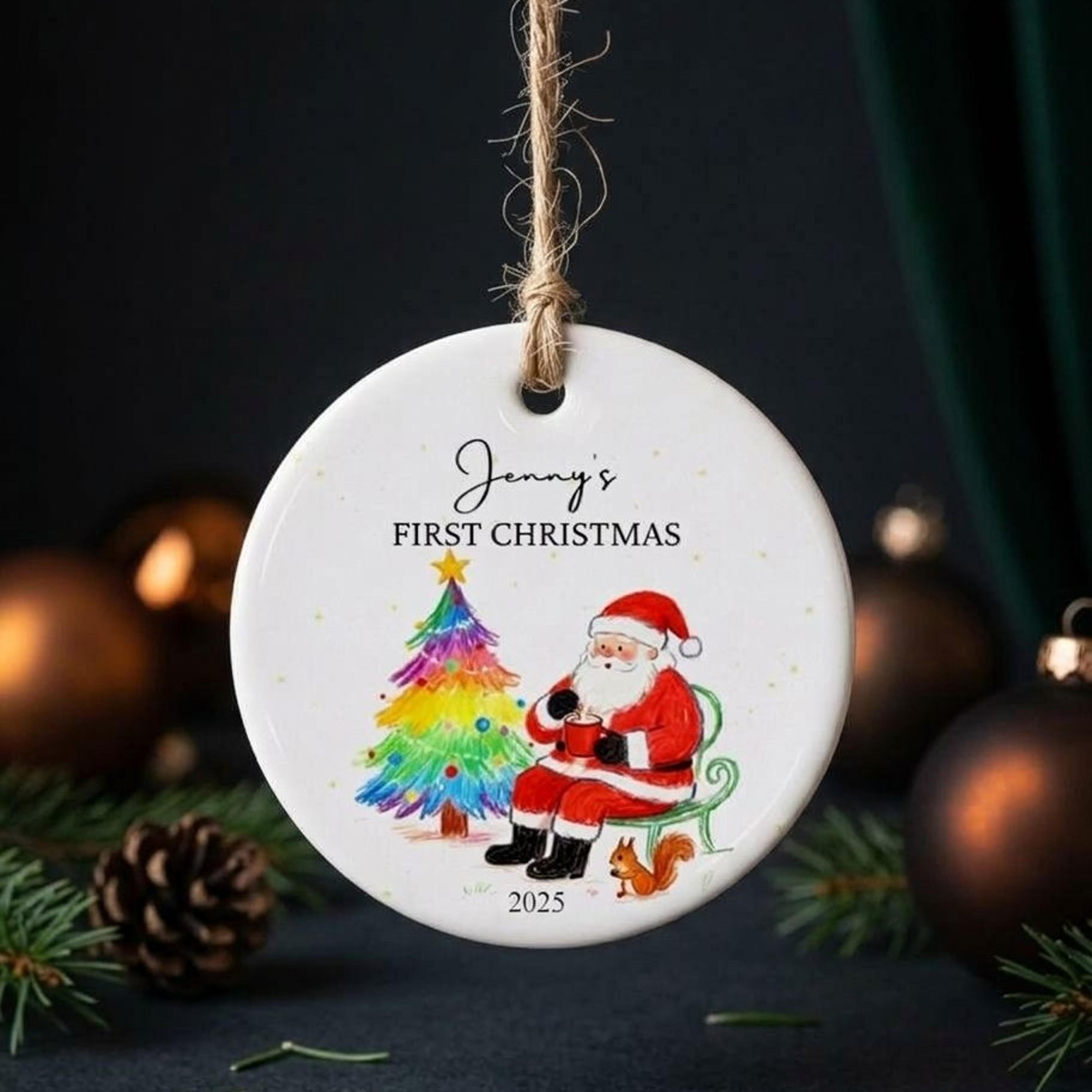 personalized baby's first christmas ornament, custom baby name santa rainbow christmas tree keepsake, newborn holiday