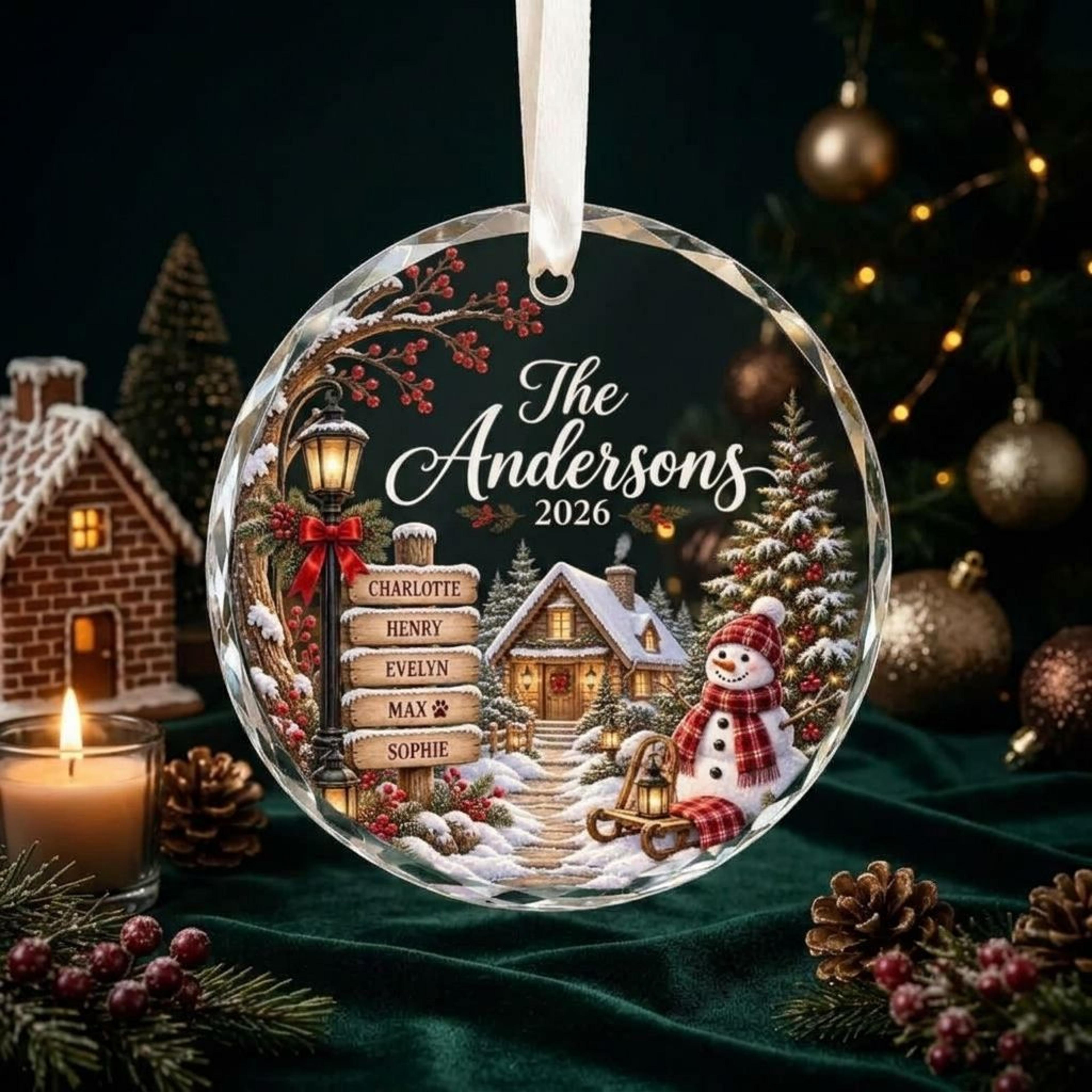 personalized family christmas ornament 2026, custom family names snowman winter village keepsake, christmas tree