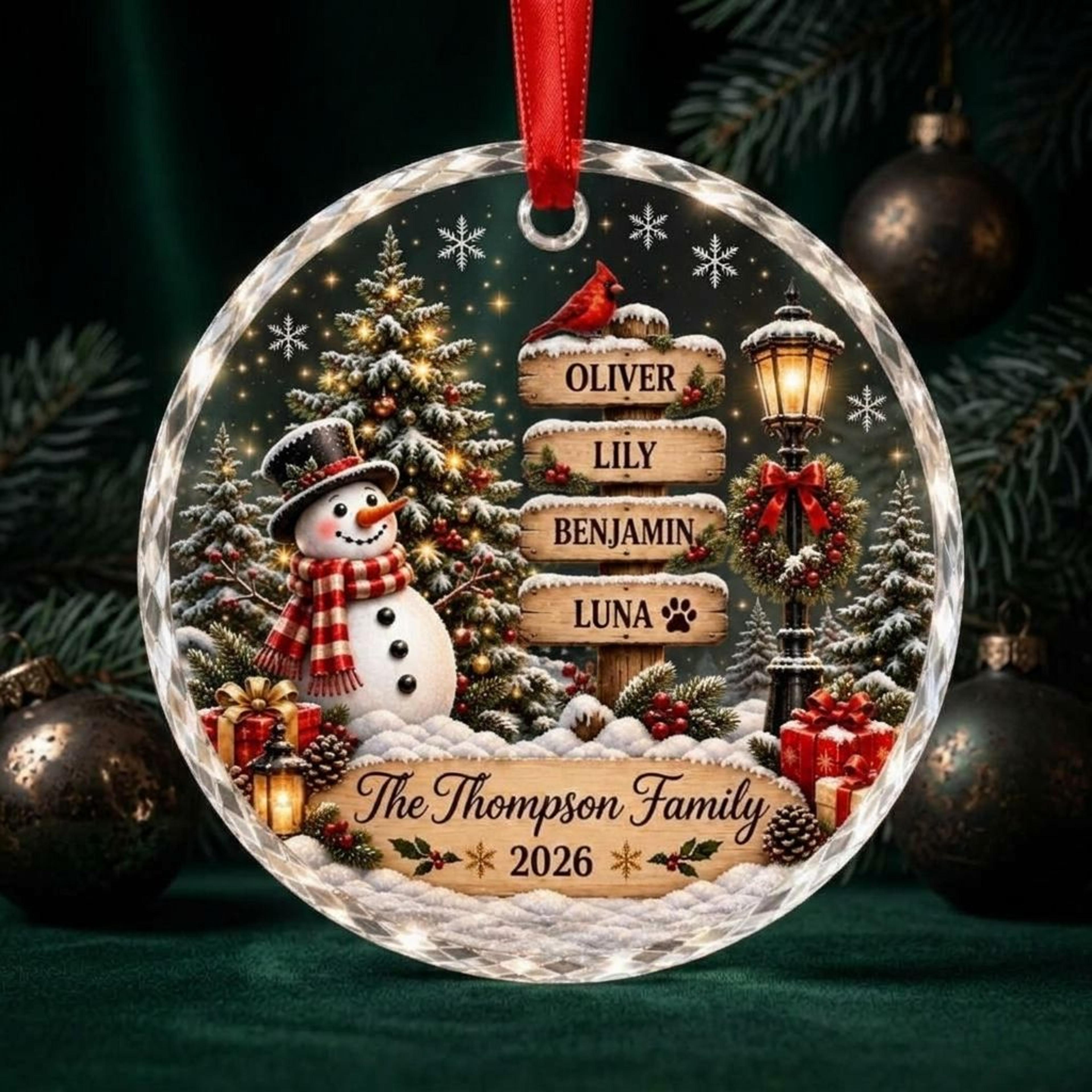 personalized family christmas ornament 2026, custom names snowman christmas tree decoration, winter family keepsake gift