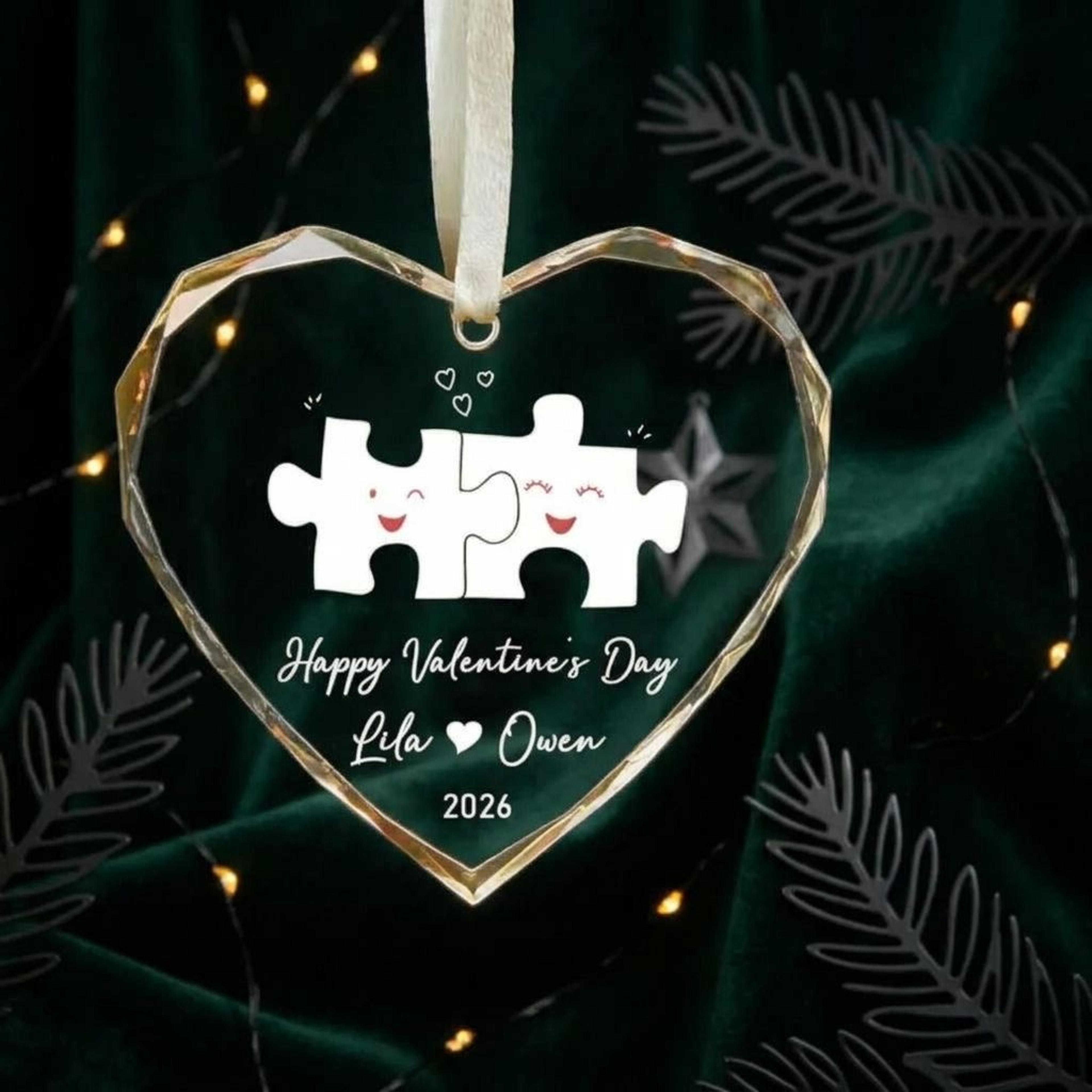 personalized valentine's day ornament 2026, custom couple names heart ornament, cute puzzle piece love gift for couples