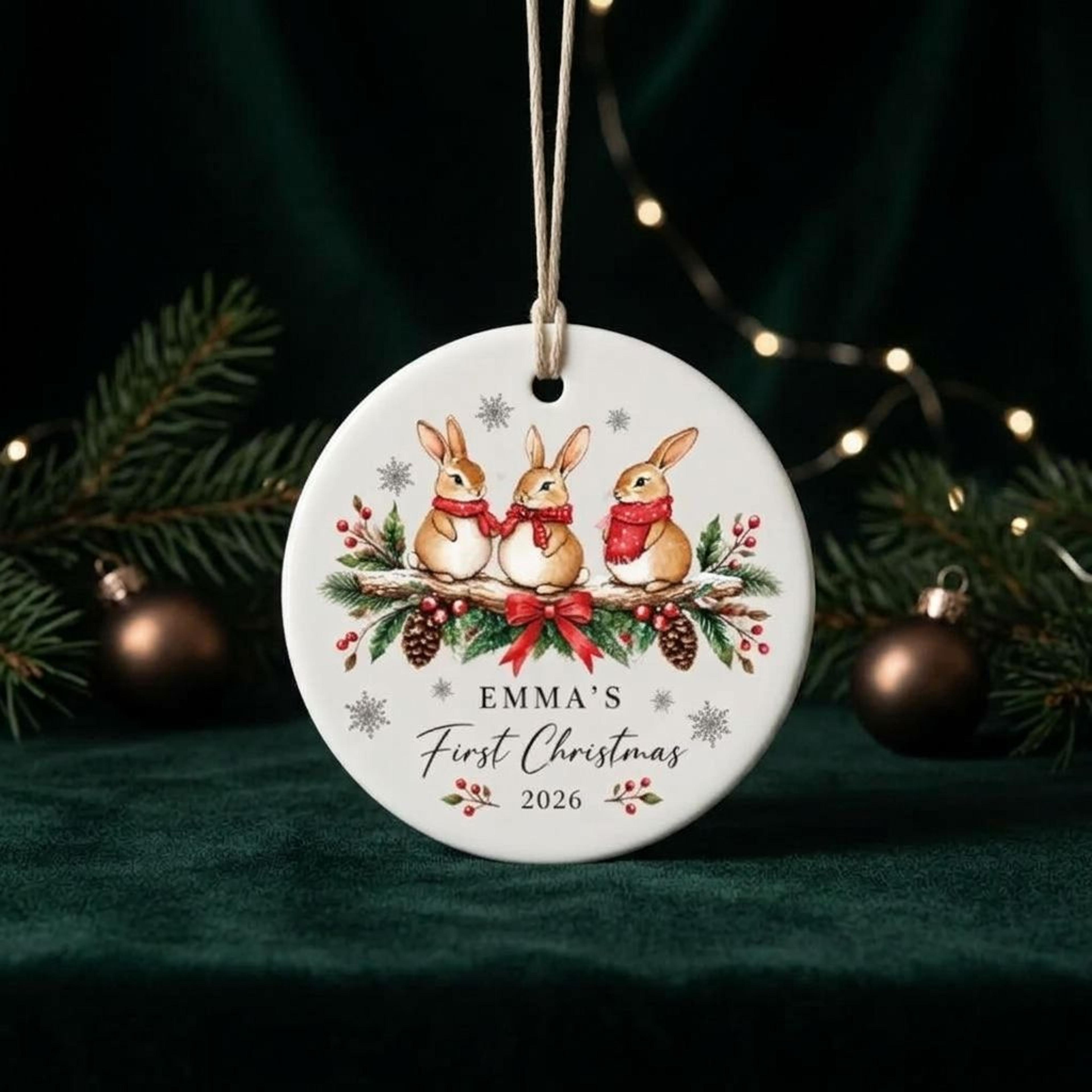 personalized first christmas ornament 2026, custom baby name bunny christmas tree decoration, cute rabbit newborn keepsa
