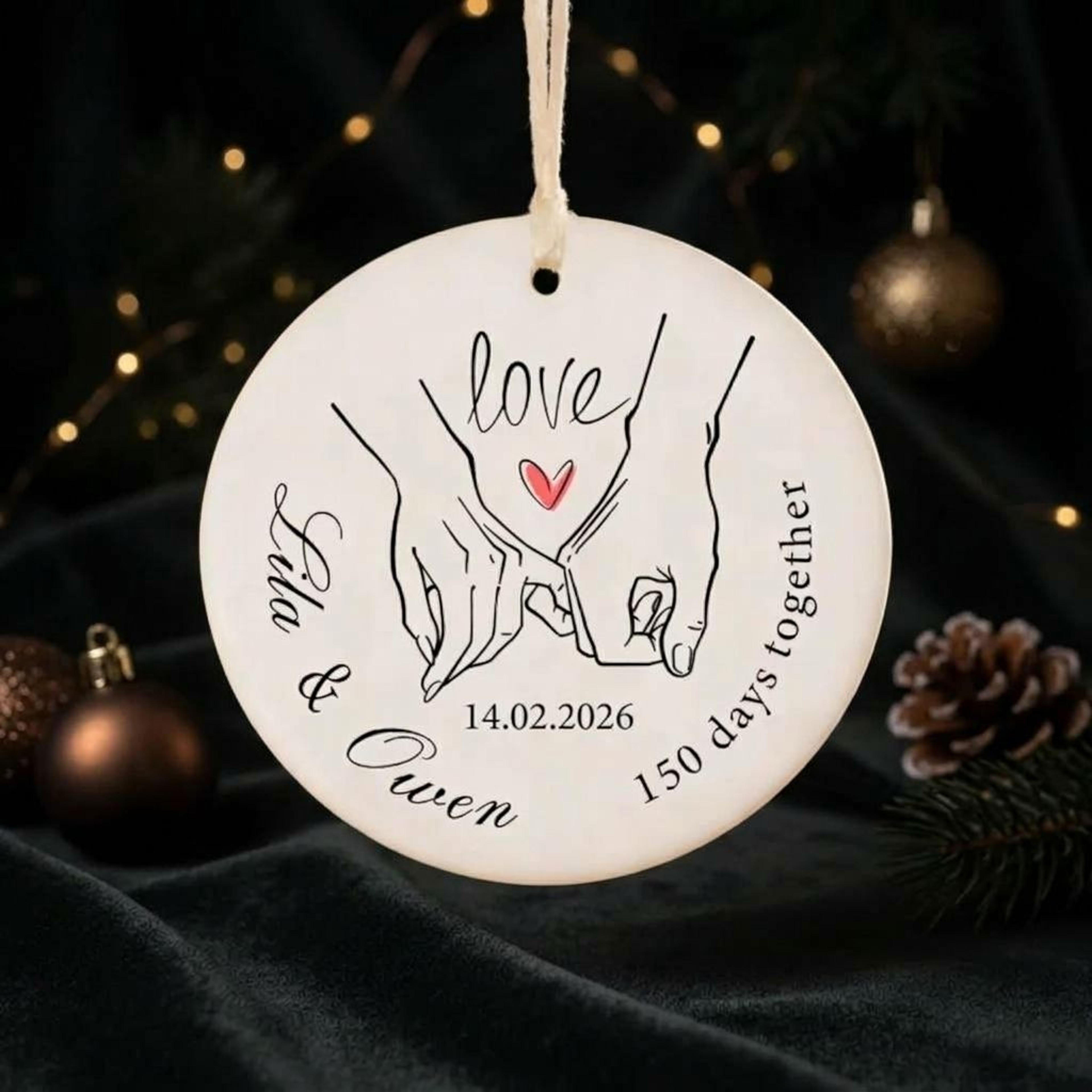 personalized couple ornament, custom names and date, holding hands love keepsake, anniversary gift for boyfriend