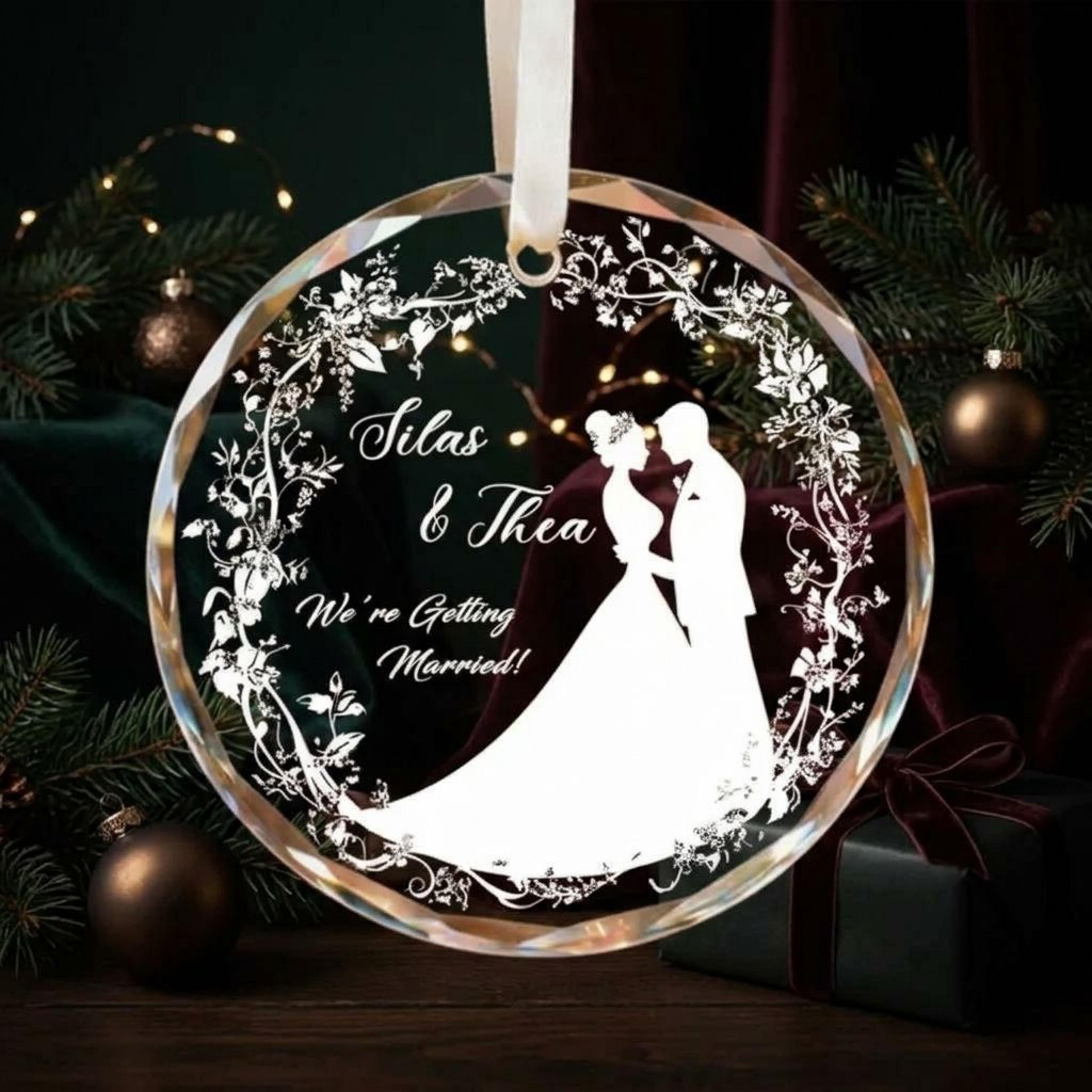 personalized engagement ornament, custom couple names wedding announcement keepsake, we're getting married christmas