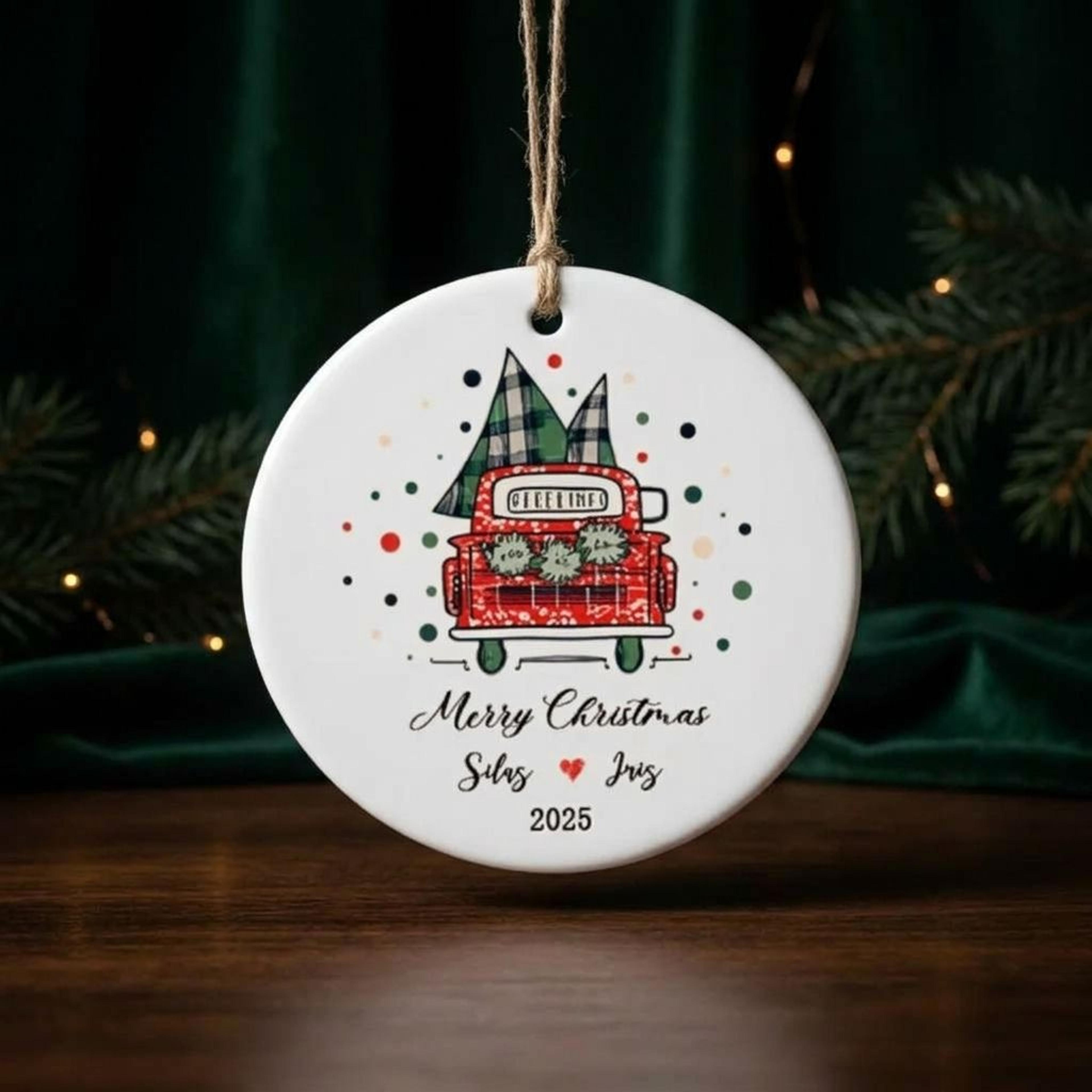 personalized christmas truck ornament, custom couple names red pickup truck christmas tree decoration, rustic holiday