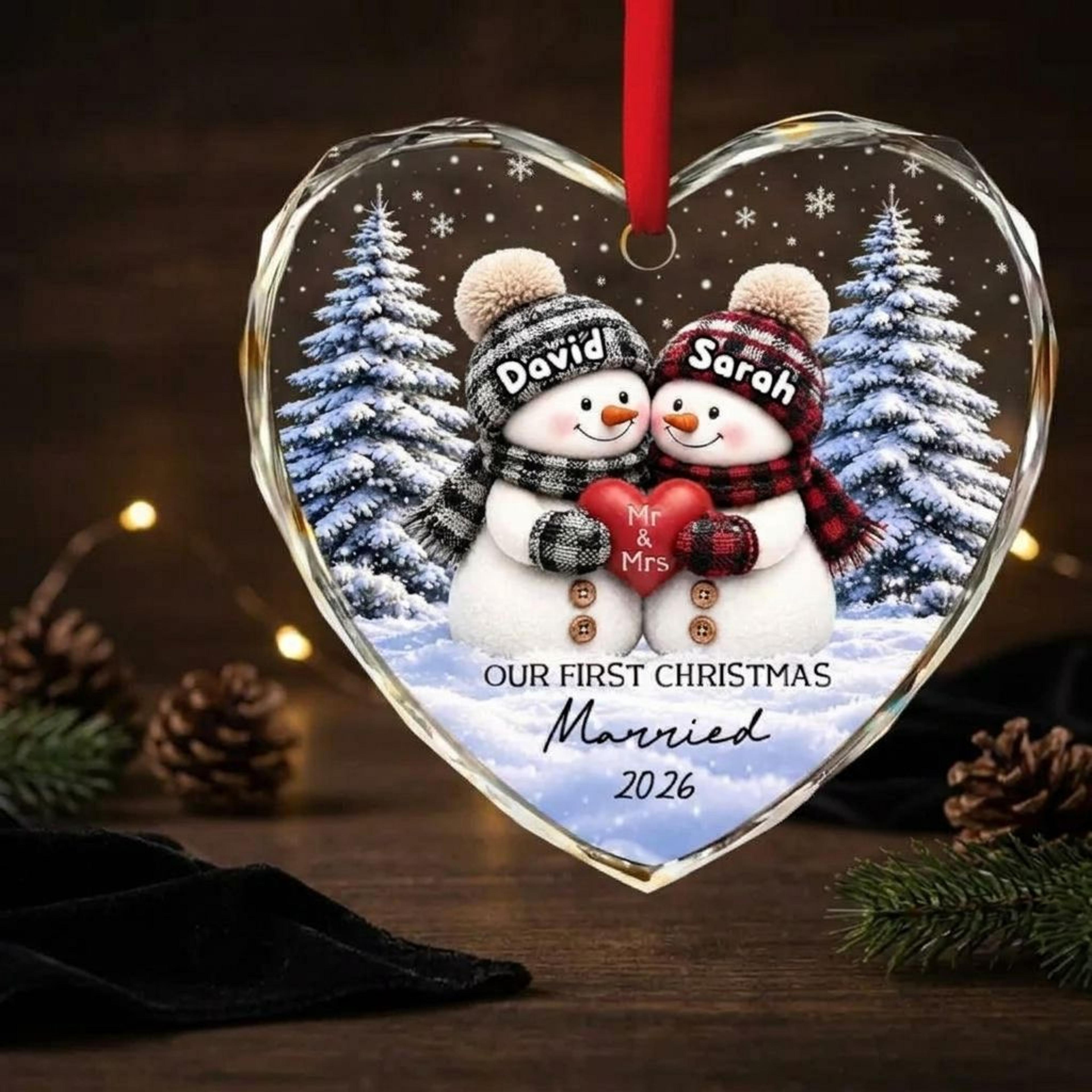 personalized first christmas married ornament 2026, custom snowman couple names heart keepsake, newlywed christmas gift