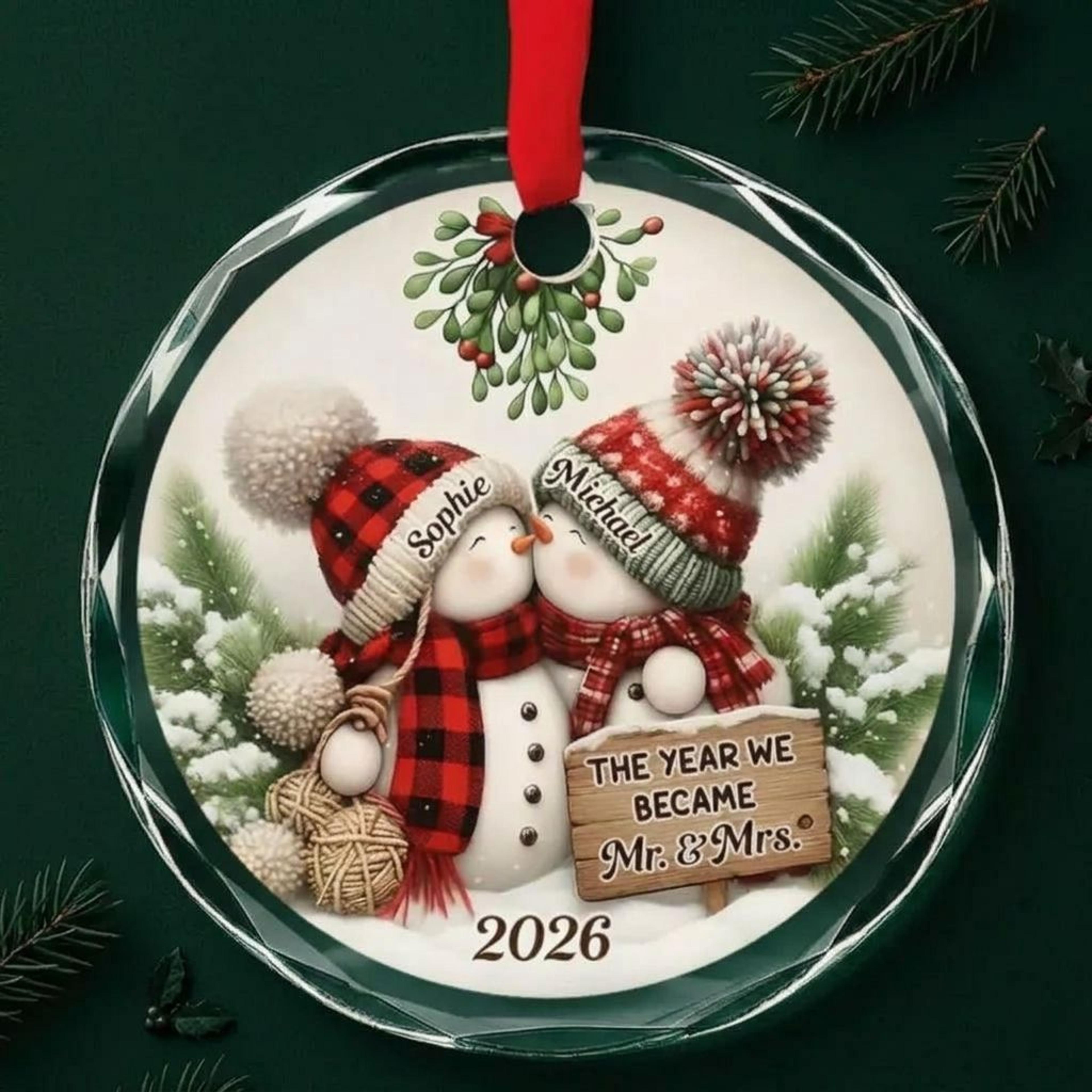 personalized mr and mrs christmas ornament 2026, custom snowman couple names, first christmas married gift, newlywed