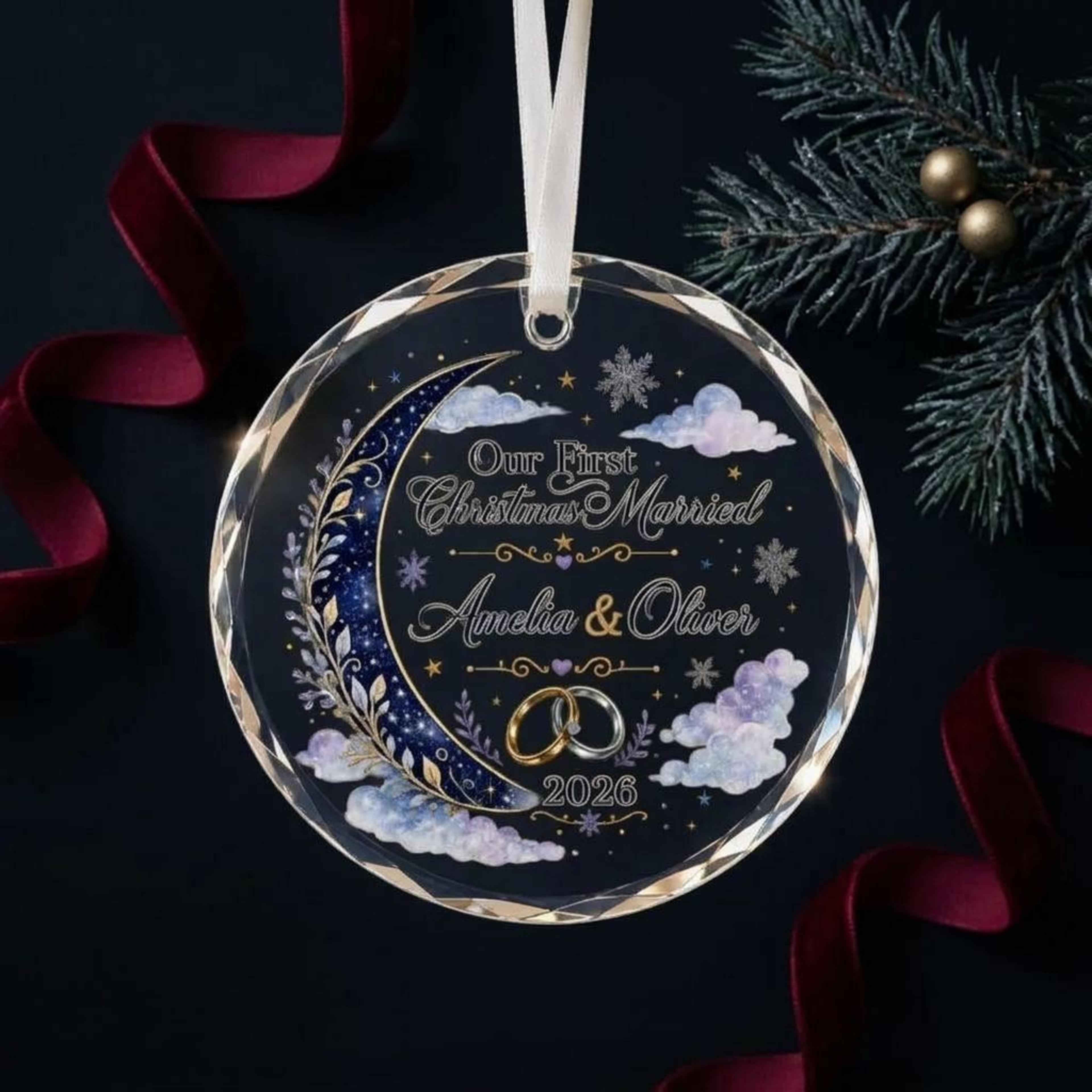 personalized first christmas married ornament 2026, custom couple names moon wedding rings keepsake, newlywed christmas
