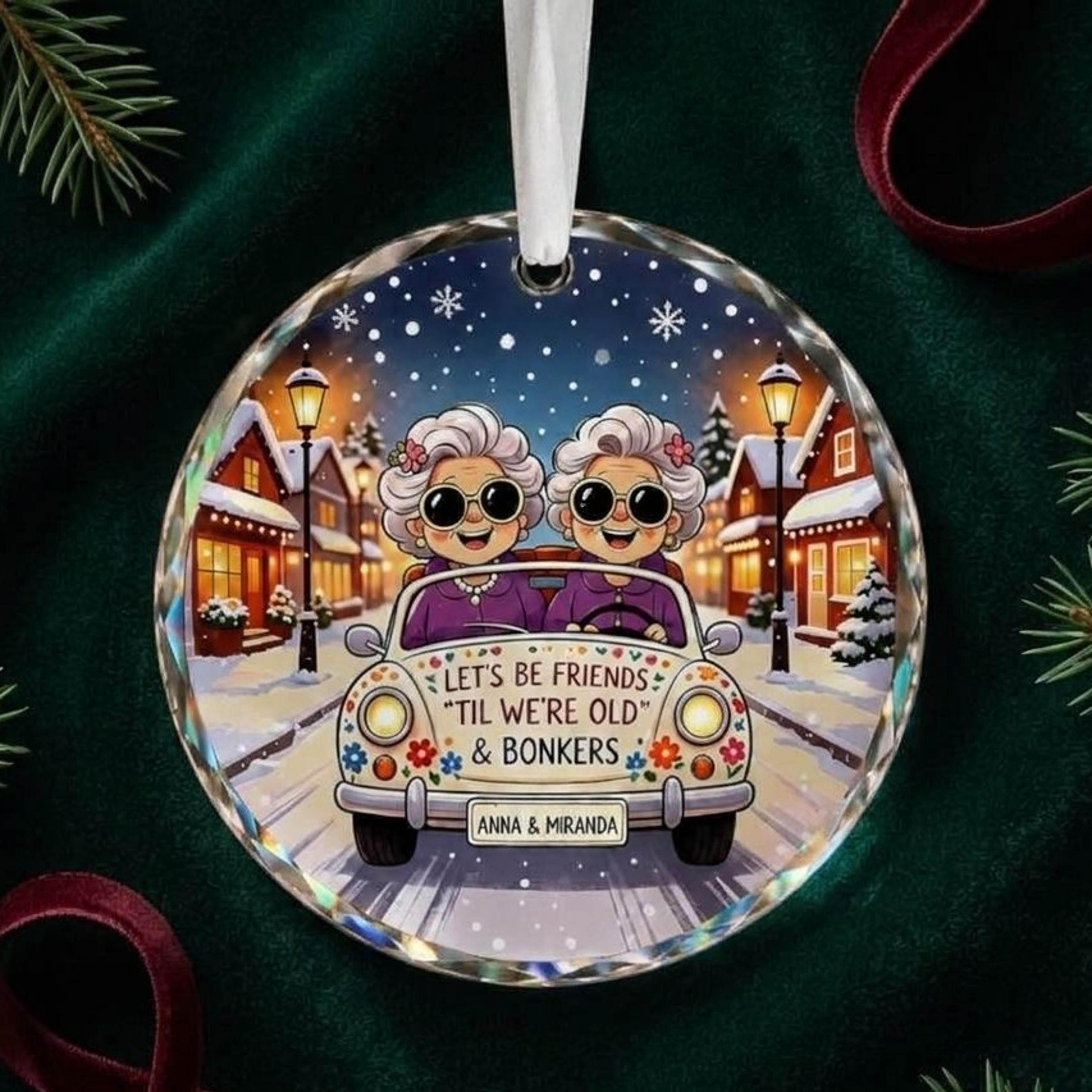 personalized best friend christmas ornament, funny old lady friendship gift, custom bestie names, friends forever keepsa