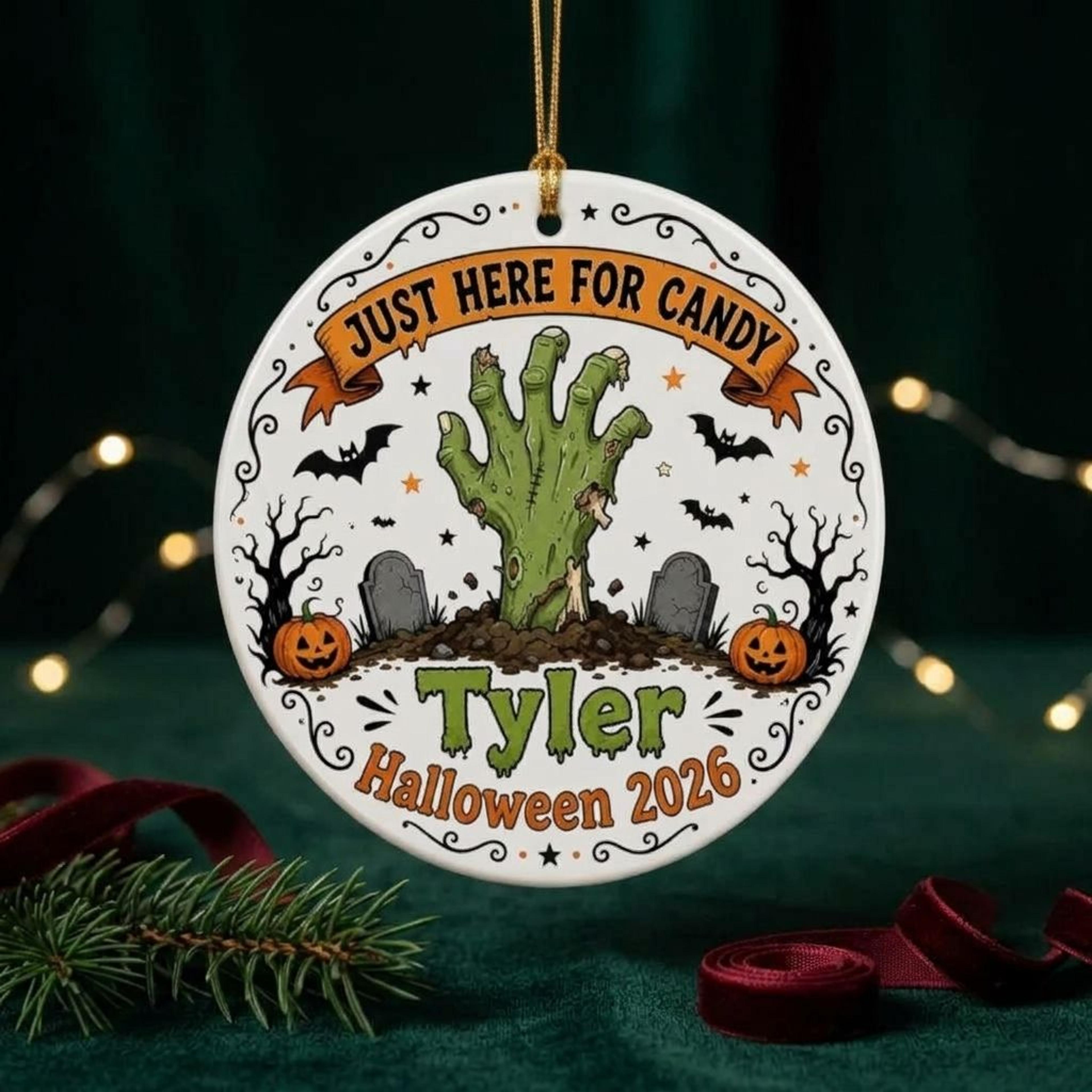personalized halloween ornament 2026, custom name zombie hand decor, just here for candy, funny spooky halloween gift