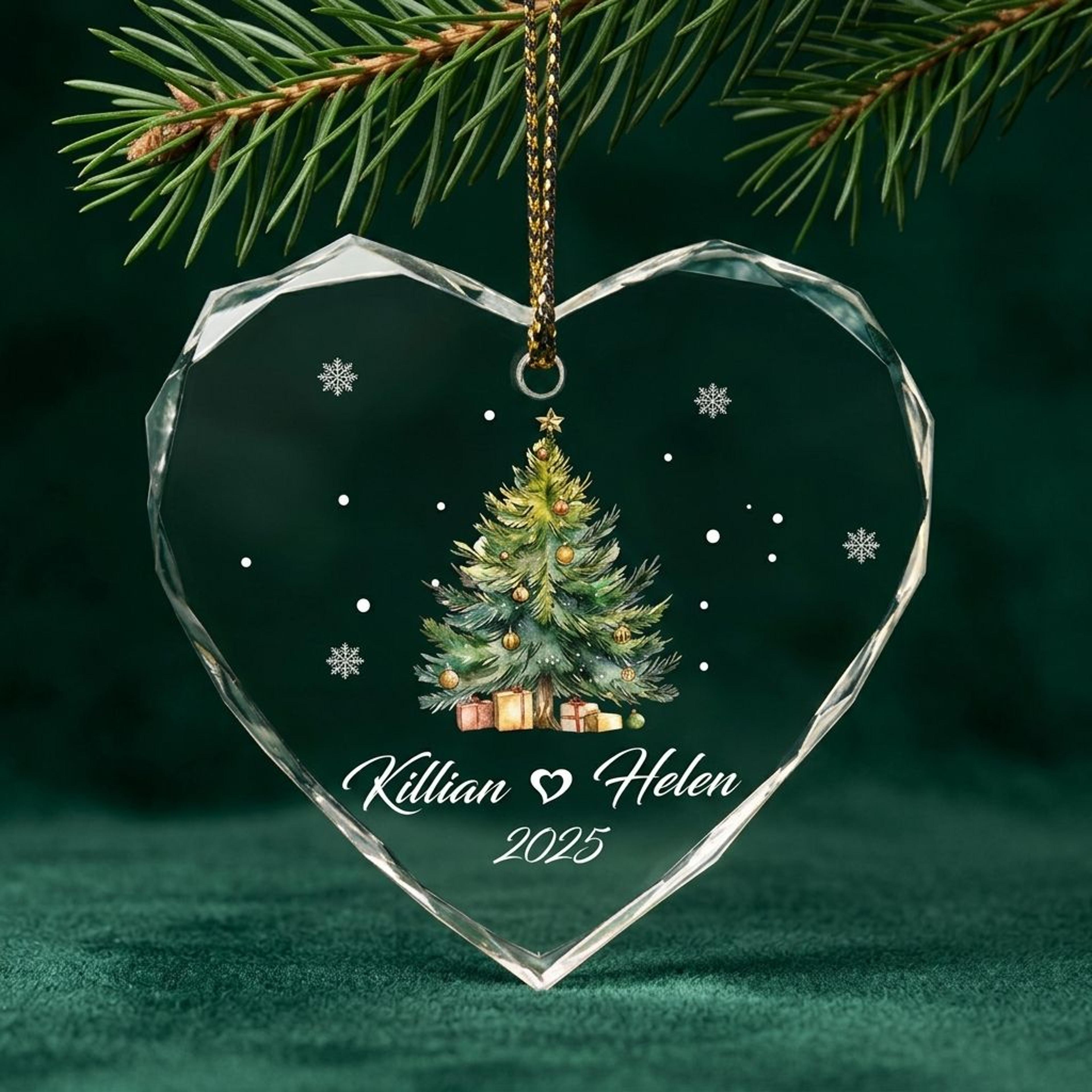 personalized christmas tree heart ornament, custom couple names and year keepsake, romantic holiday gift for couples