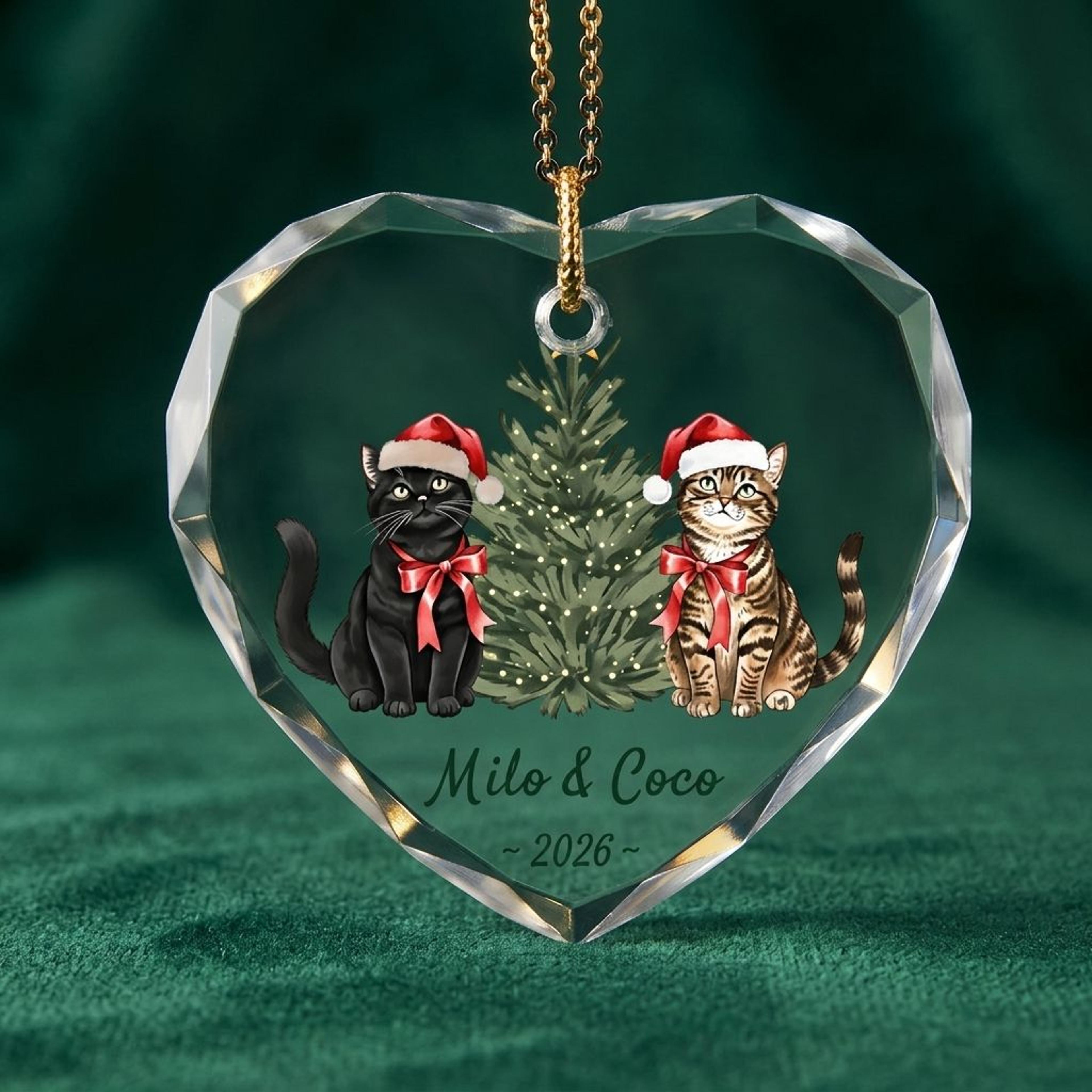 personalized cat christmas ornament, custom two cat names and year heart keepsake, pet lover holiday gift, cat mom xmas