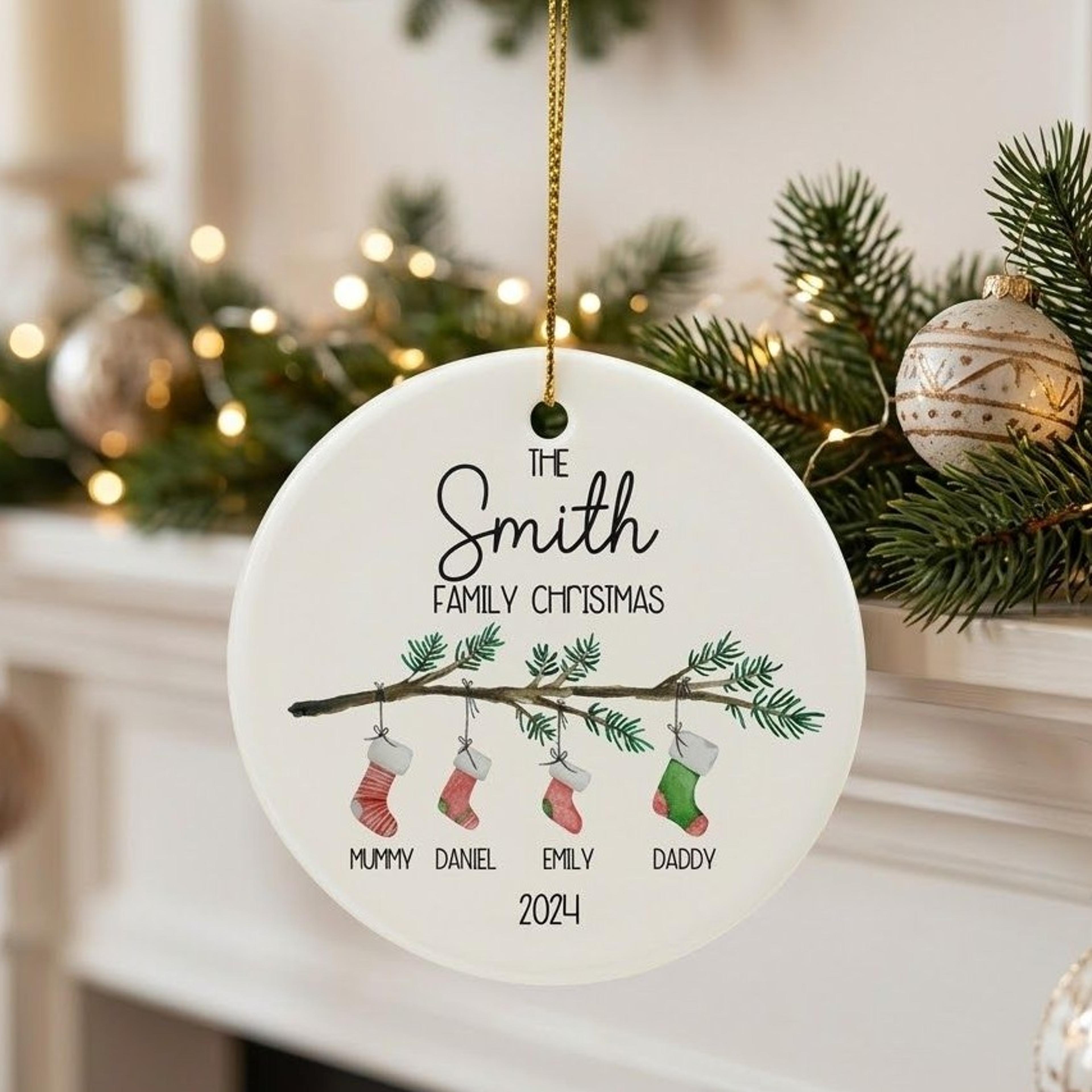 personalized family christmas ornament, custom family name stocking ornament, christmas tree keepsake, family holiday