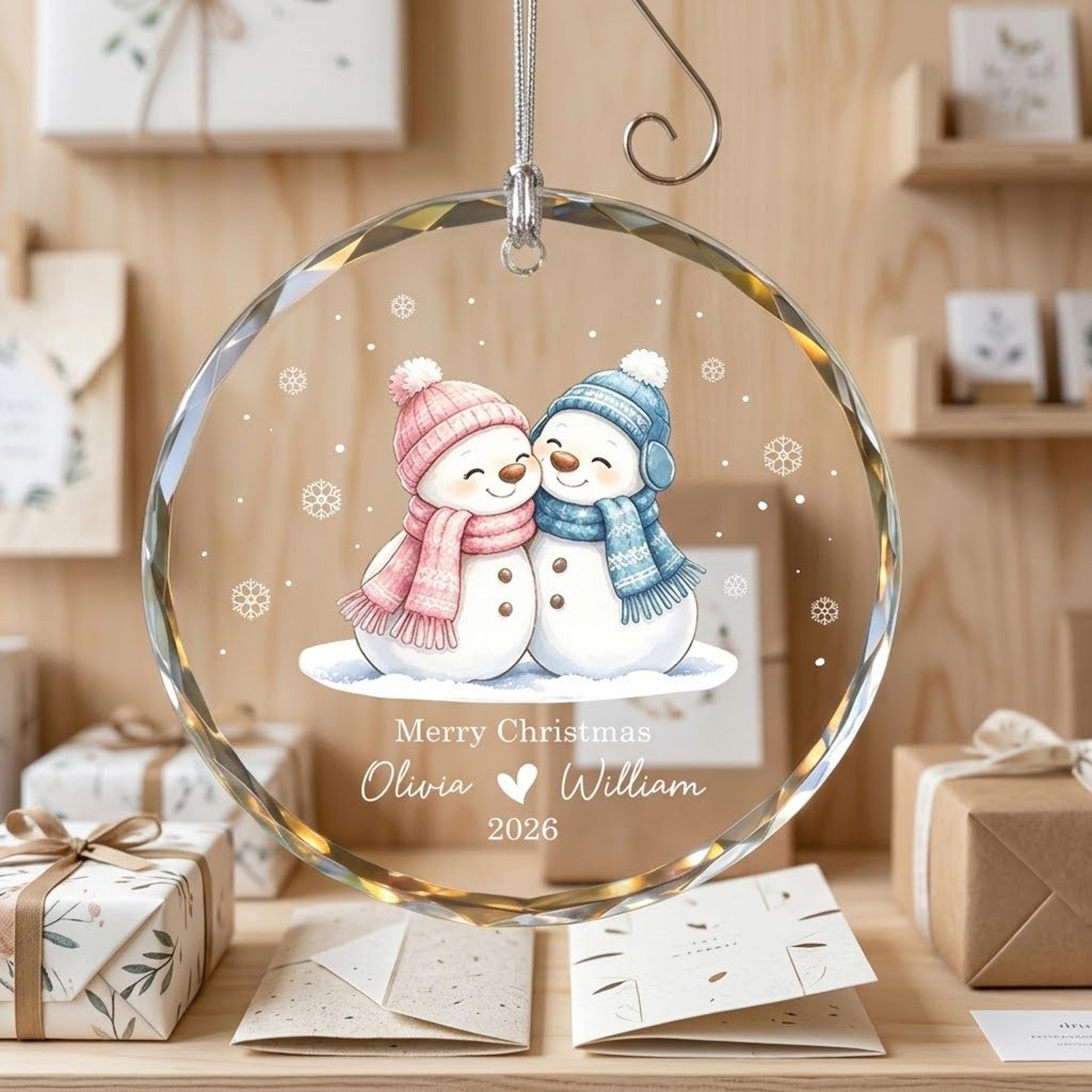 personalized snowman couple christmas ornament, custom names and year keepsake, romantic holiday gift for couples, xmas