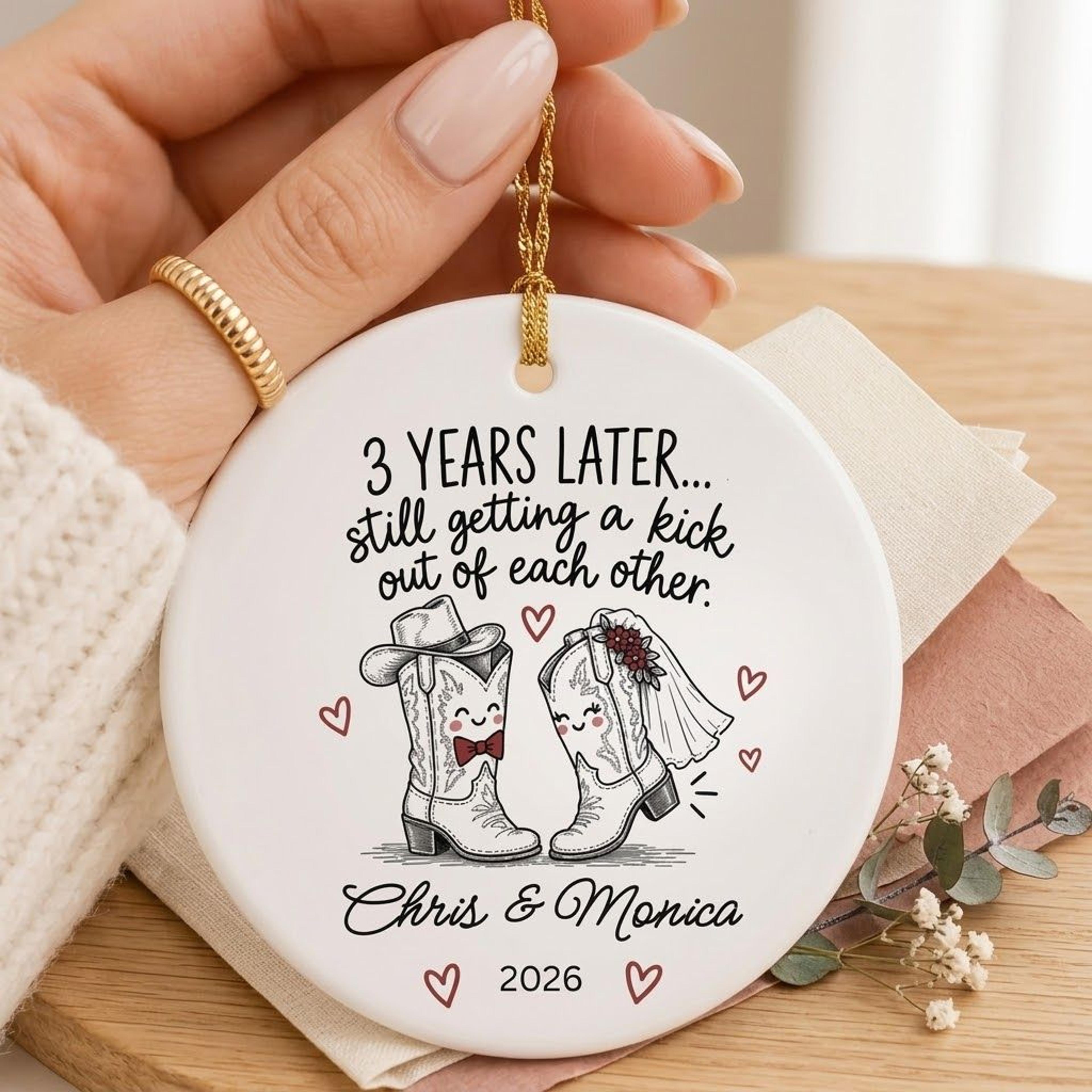 personalized 3rd wedding anniversary ornament, funny cowboy boots couple gift, custom names and year, leather