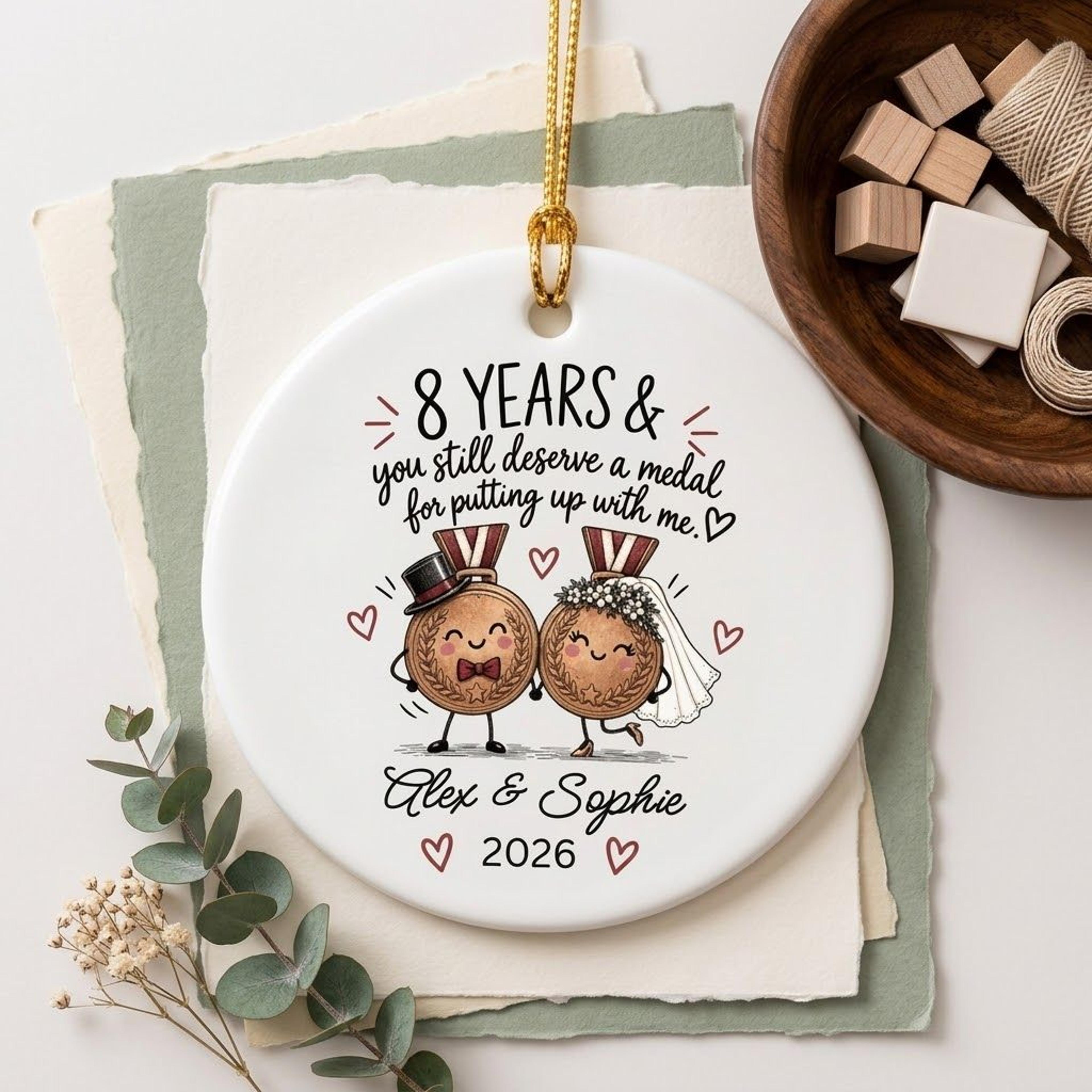 personalized 8th wedding anniversary ornament, funny bronze medal couple gift, custom names and year, marriage