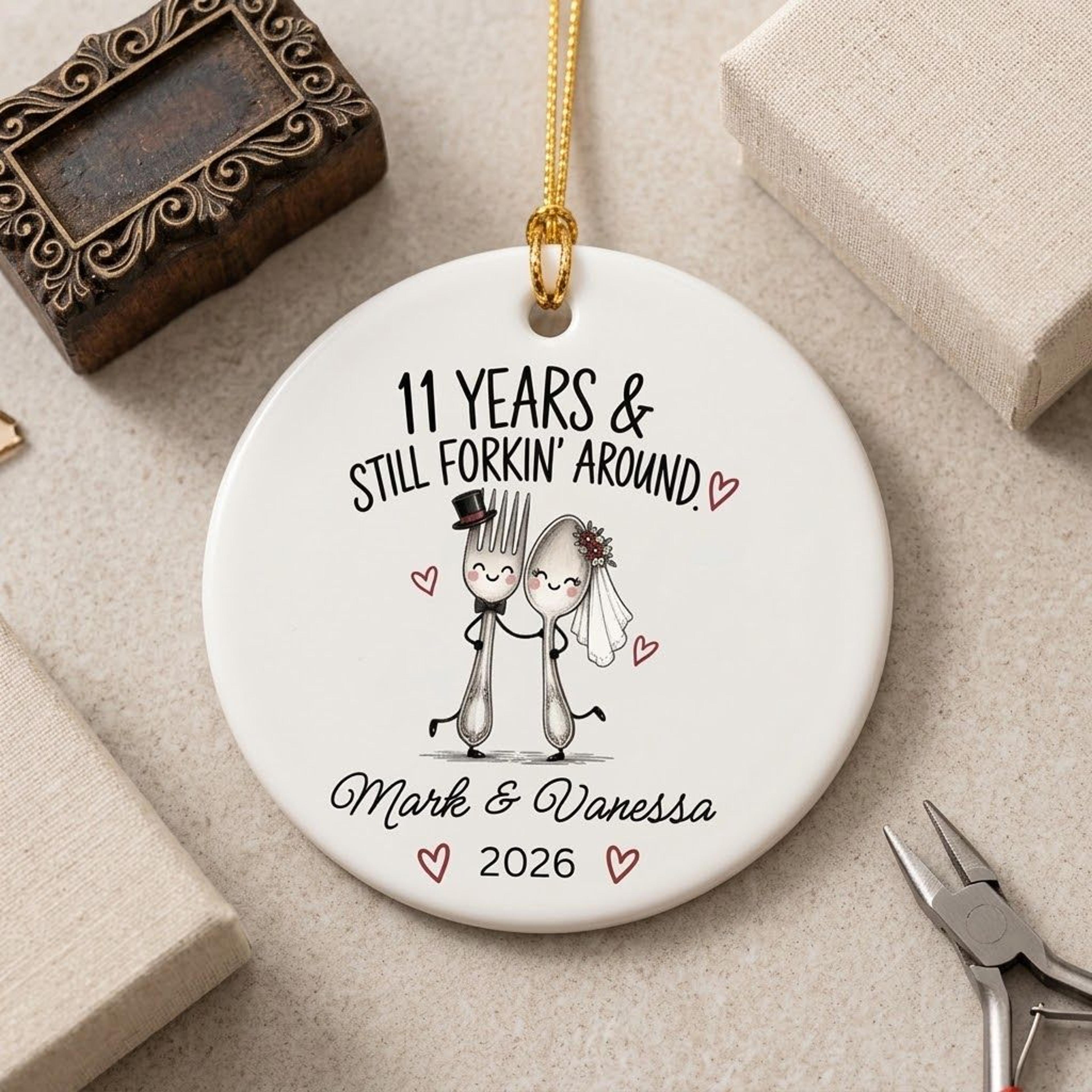 personalized 11th wedding anniversary ornament, funny fork and spoon couple gift, custom names and year, steel