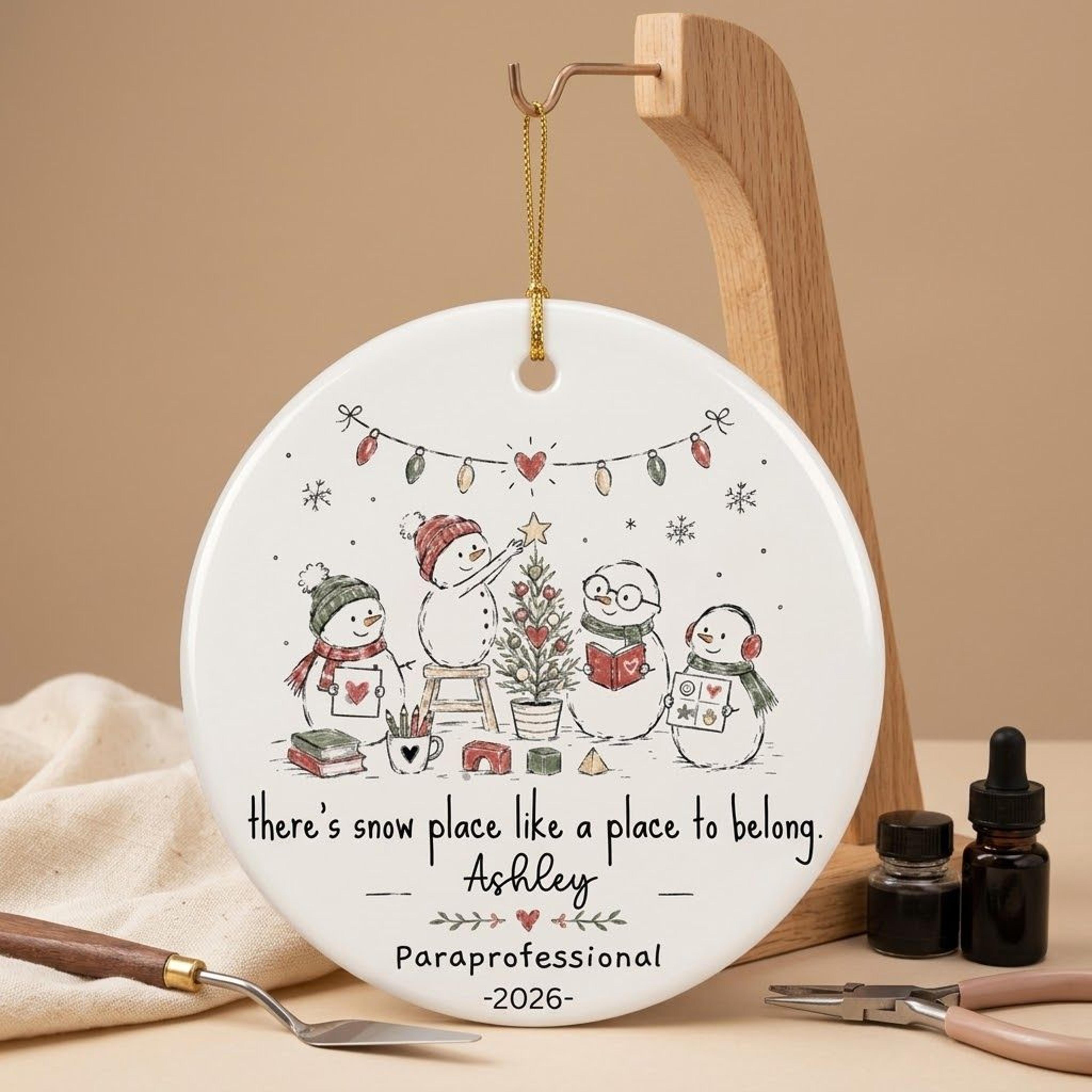 personalized paraprofessional christmas ornament, custom name snowman teacher aide gift, school staff appreciation keep