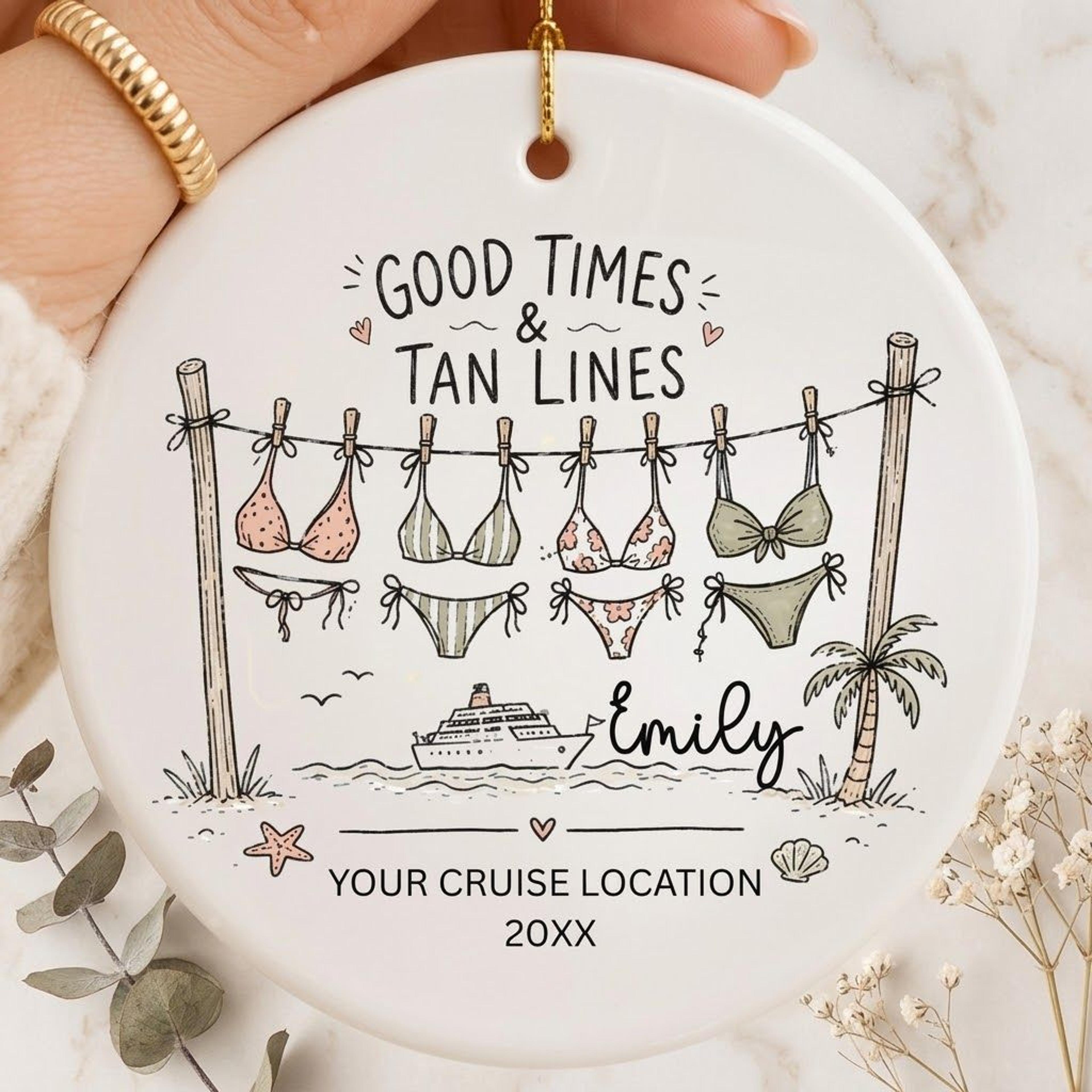 personalized cruise christmas ornament, good times and tan lines bikini gift, custom name cruise location and year