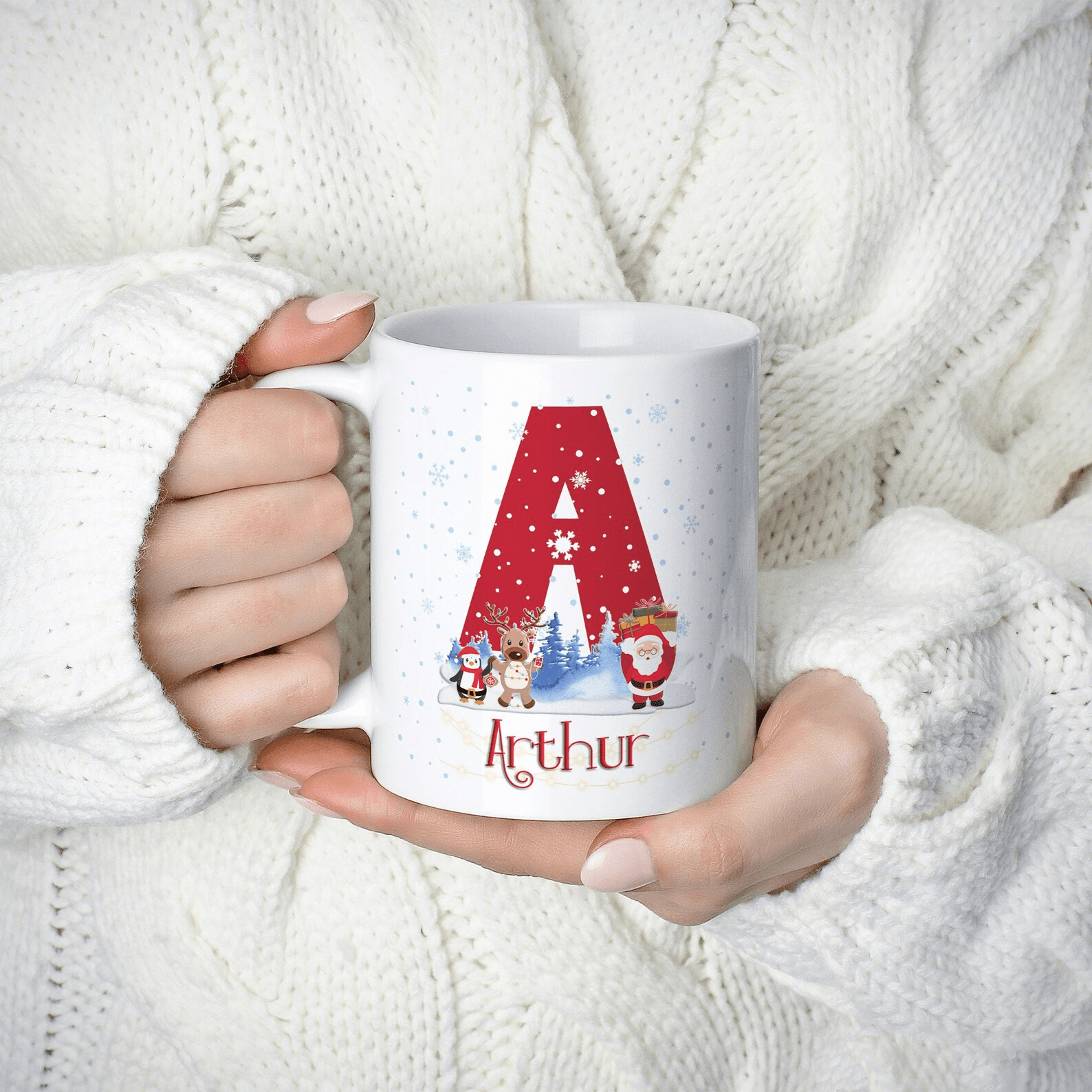personalised christmas mug, santa reindeer penguin holiday coffee cup, custom christmas movie mug gift for secret santa
