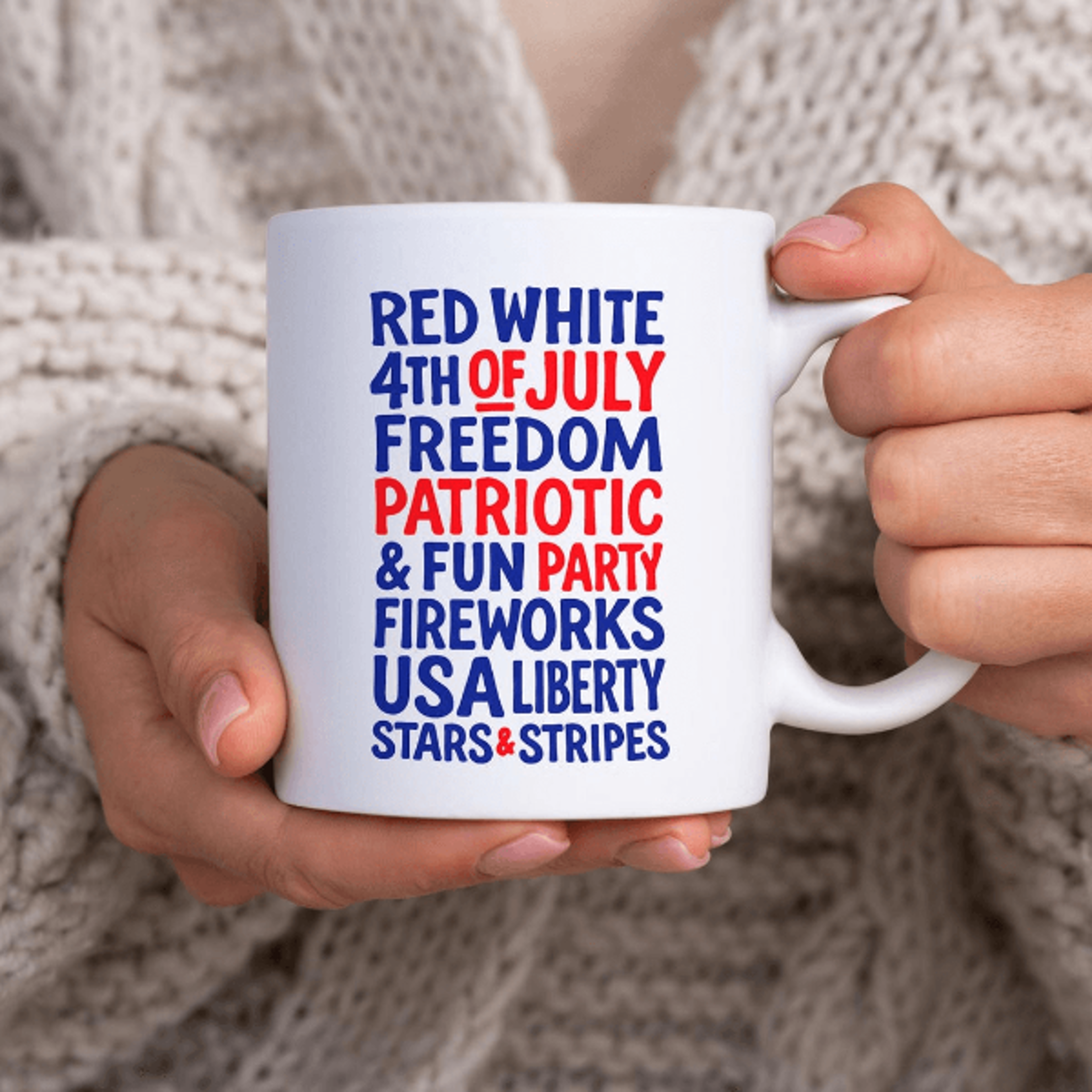 4th of july words mug, patriotic american independence coffee cup, 11oz ceramic usa flag typography mug